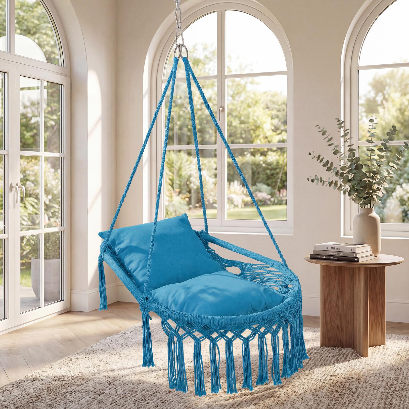 ELLEGNT Macrame Hanging Swing Chair-Includes 2 Removable Cushions, Strong Polyester?Cotton Rope Construction, Blue