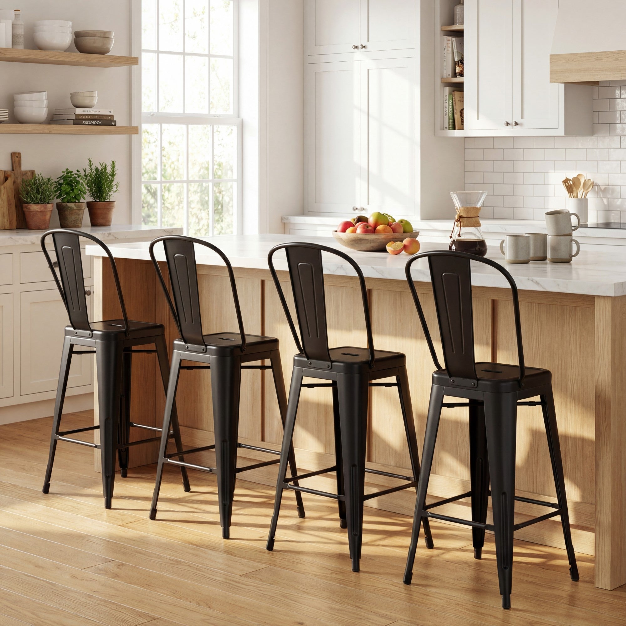 ELLEGNT 4 PCS 62 cm Counter Height Bar Stools-Metal Frame, Backrests and Footrests Included, Black