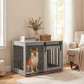 ELLEGNT Sliding Barn Door Dog Crate-Heavy Duty Metal Frame Wooden Kennel, 31.5 in Decorative End Table for Small and Medium Dogs, Gray