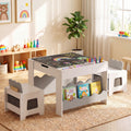 ELLEGNT Kids Wooden Table & Chair Set Includes Double-Sided Chalkboard Tabletop and Bookshelves, White + Gray