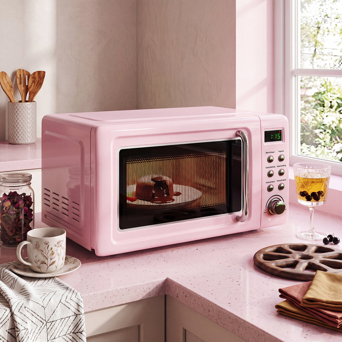 ELLEGNT 0.7 cu.ft. Retro Countertop Microwave Oven, 700W, Pink