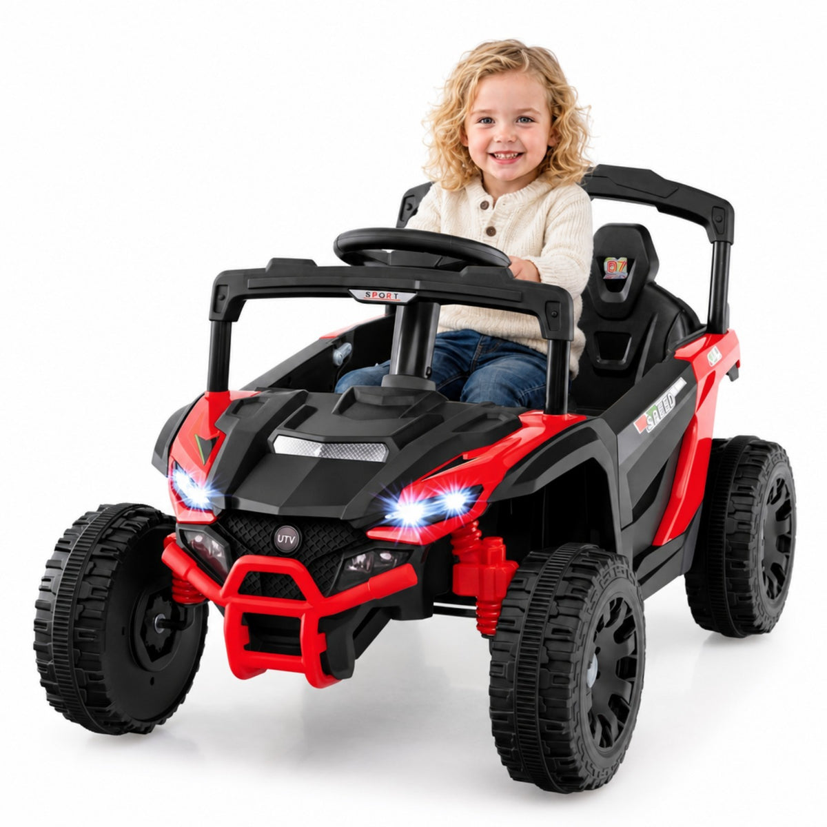 ELLEGNT 12V Kids Ride On UTV with Remote Control, 3 Speeds, LED Lights, Red