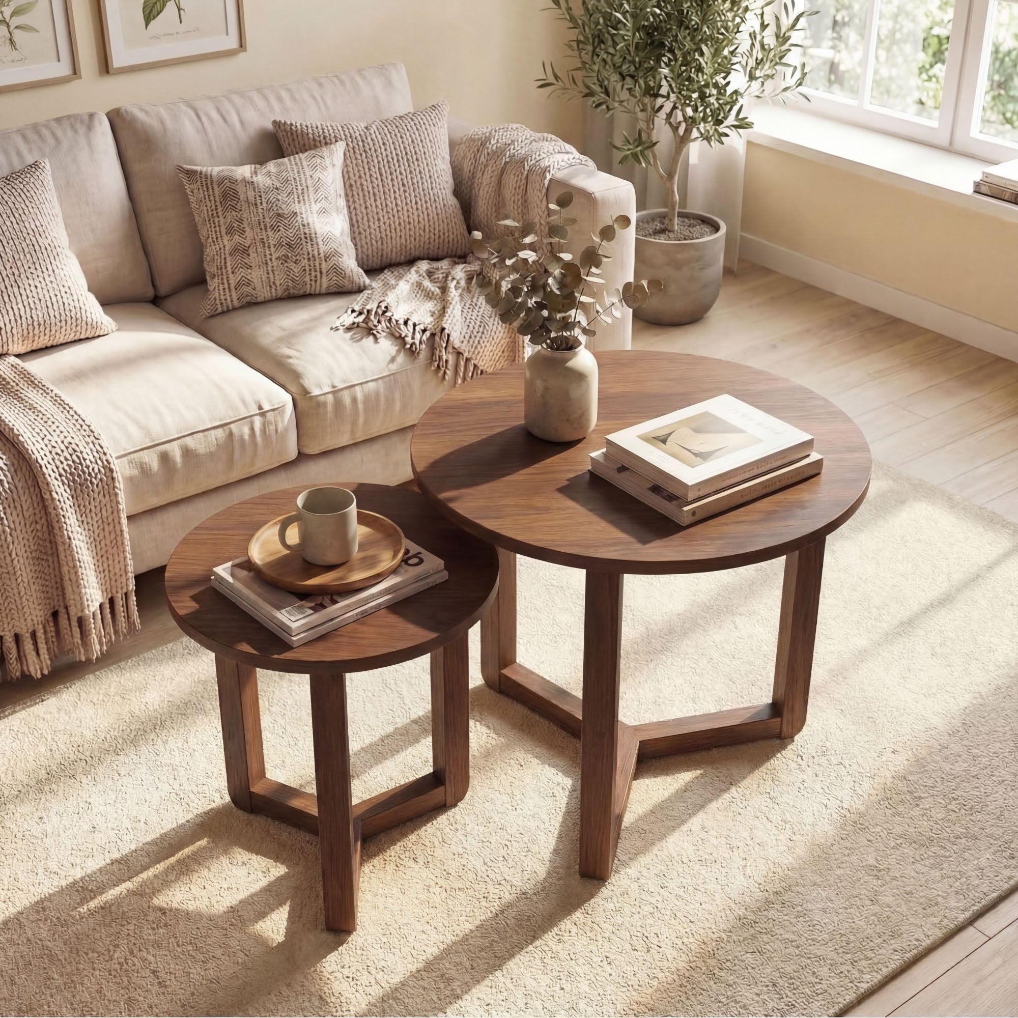 ELLEGNT 2 PCS Round Nesting Coffee Tables-Solid Rubber Wood Legs, Thickened Top, Walnut