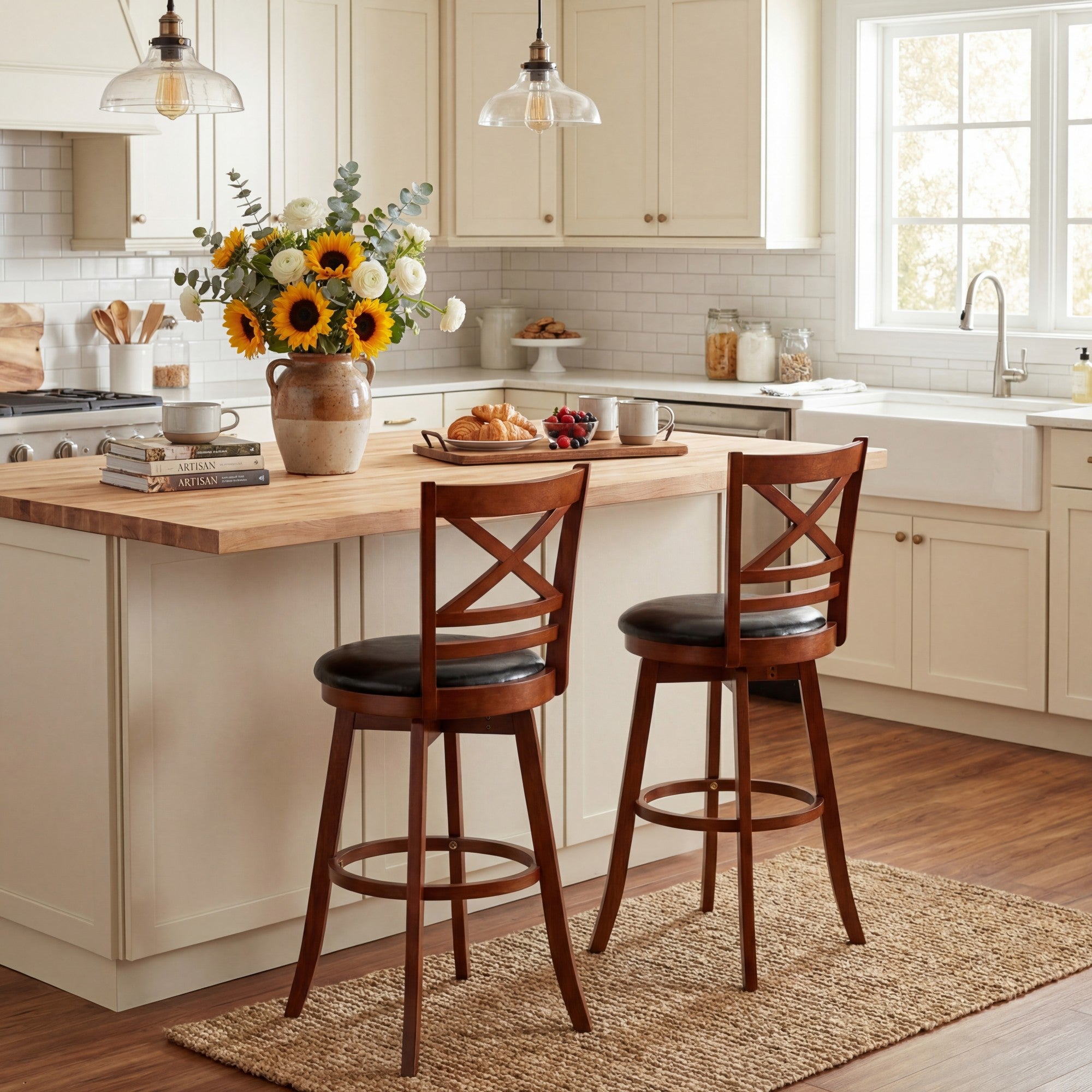 ELLEGNT 2 PCS Faux Leather Swivel Barstools with Backrest, 30.5 in Counter Height