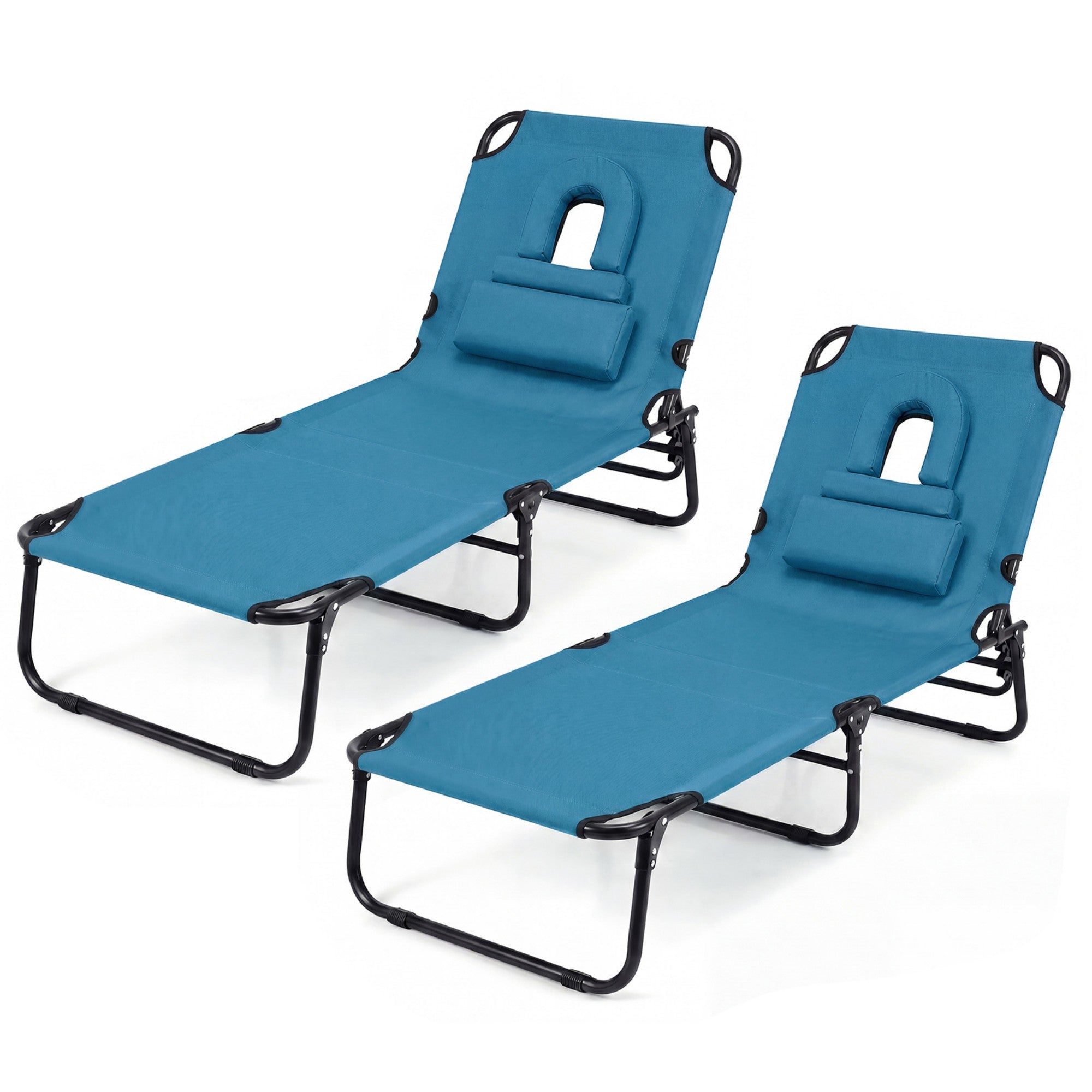 ELLEGNT 2 PCS Beach Lounger with 4?Position Reclining Backrest, Removable Pillows and Face Hole-Folding Design, Blue