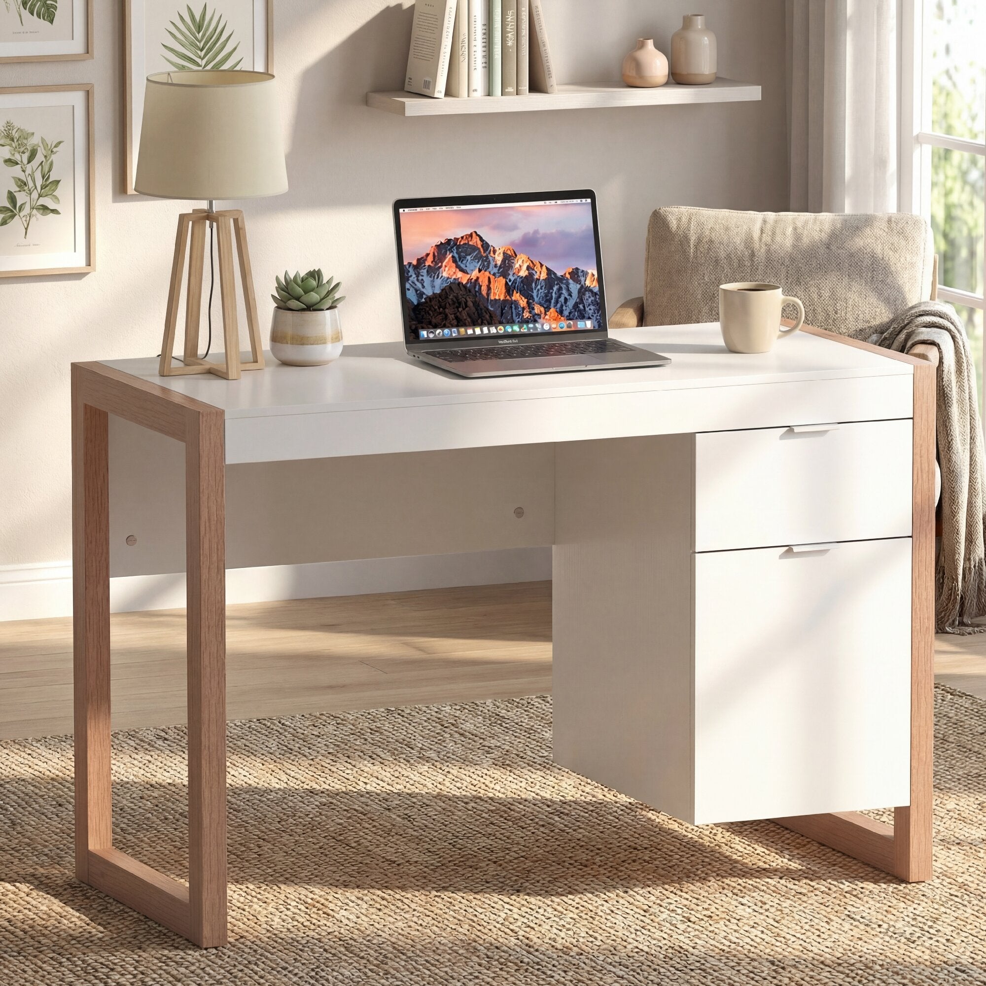 ELLEGNT Home Office Computer Desk-Workstation Table with Drawers, White