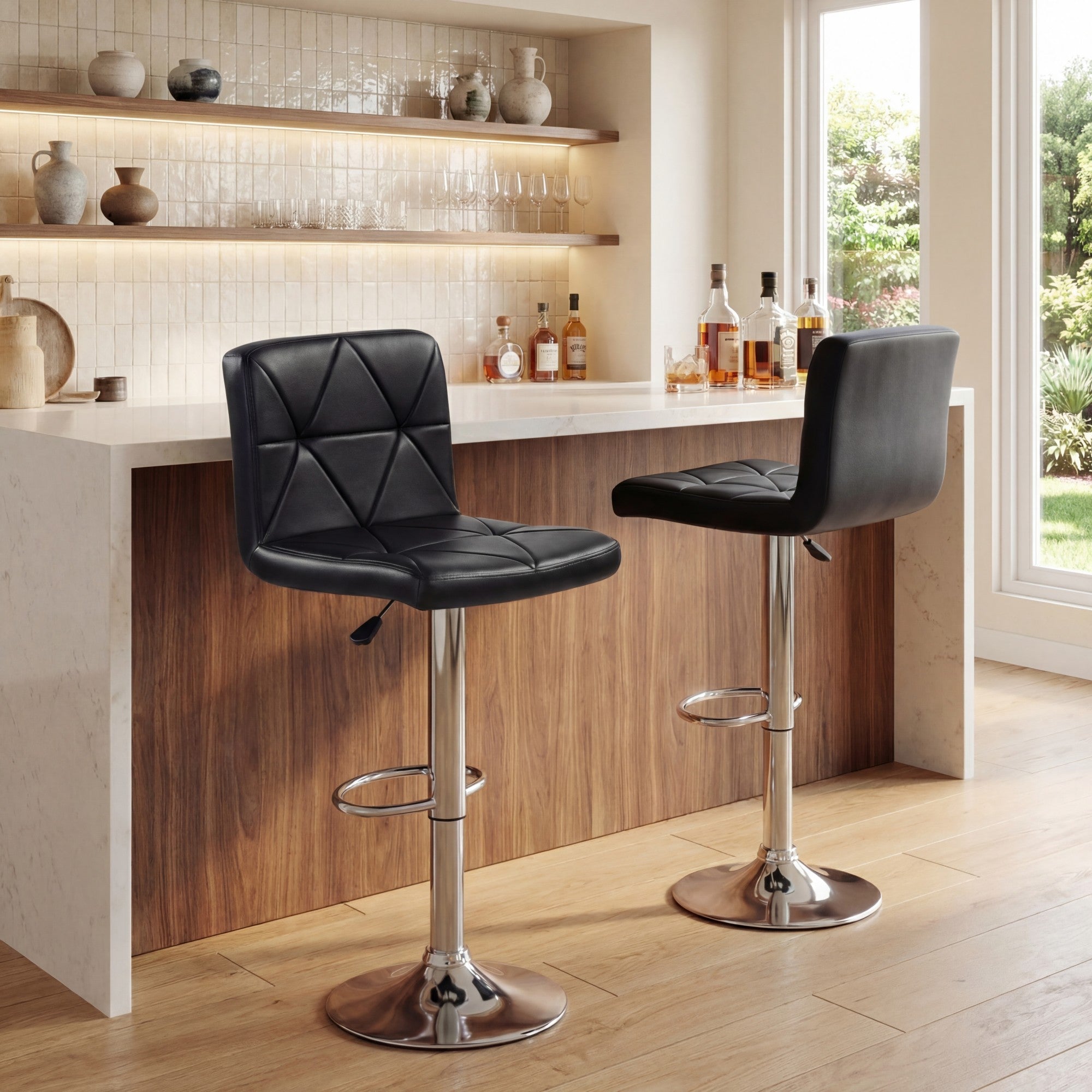 ELLEGNT 2 PCS Adjustable Swivel Bar Stools-Faux Leather, Back and Footrest for Kitchen and Home Bar, Black
