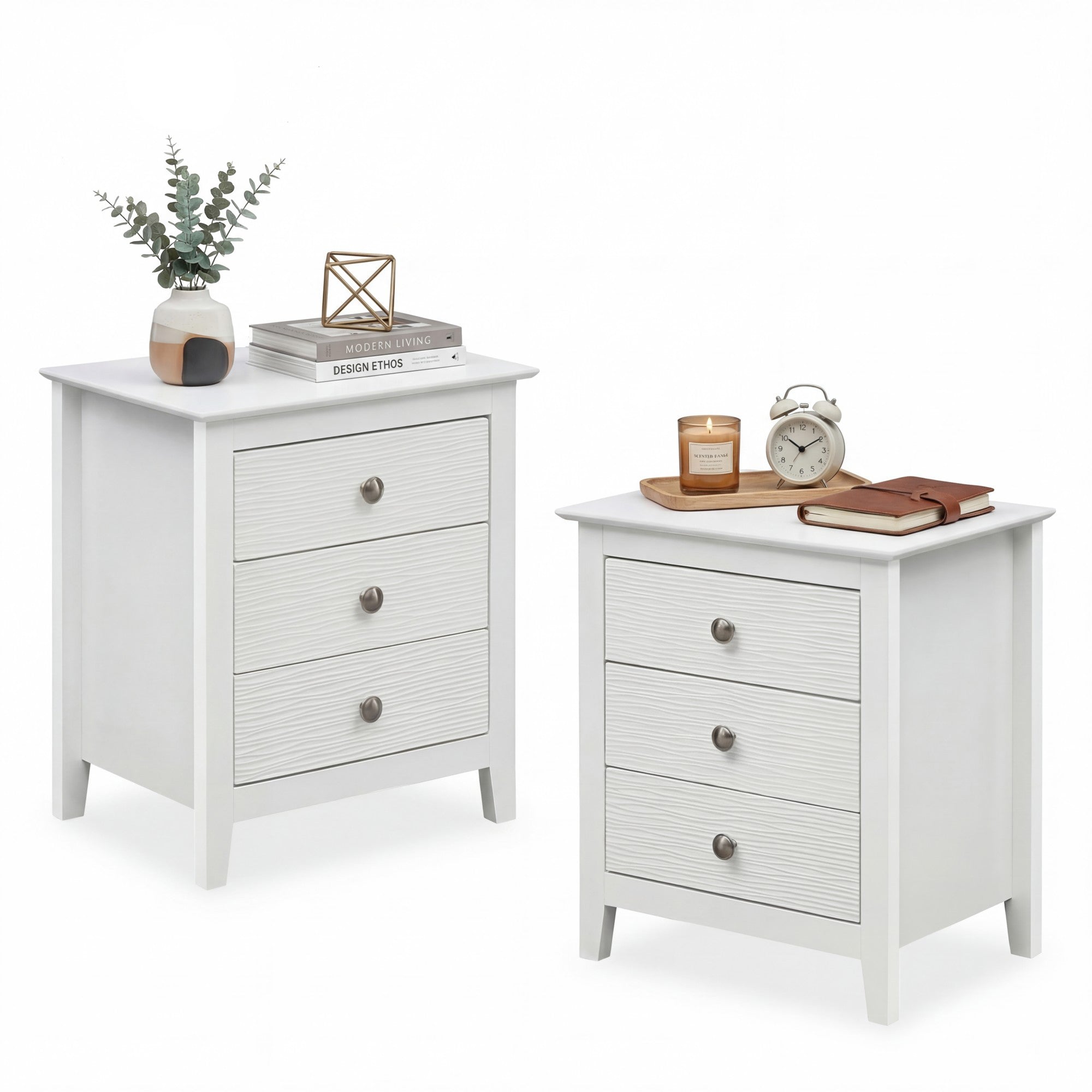 ELLEGNT 2 PCS Farmhouse Nightstand-3 Drawers, Wood Grain Accents and Sleek Knobs, White