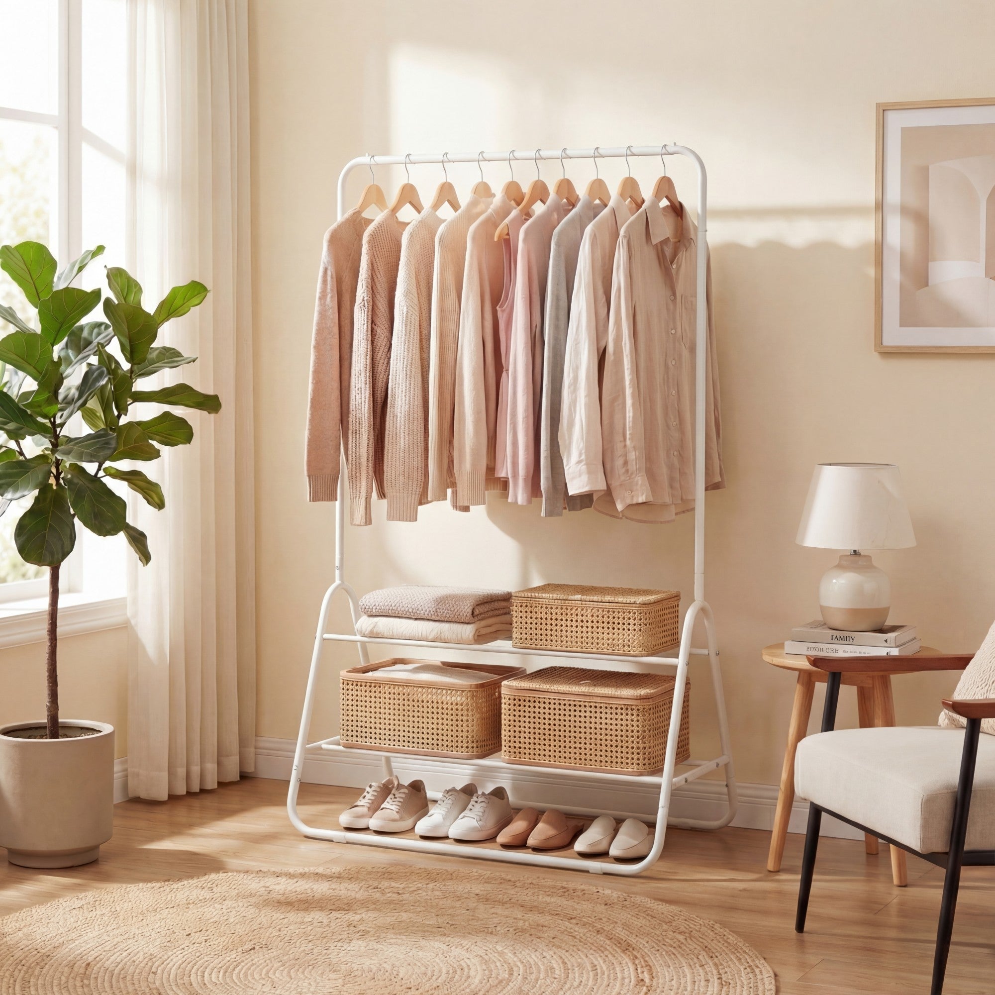 ELLEGNT Heavy Duty Metal Clothing Rack with Hanging Rod and Shelves- Garment Rack for Closet, Laundry White
