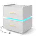 ELLEGNT 1 PCS LED Bedside Table with Charging Station, 2 Storage Drawers Nightstand, White