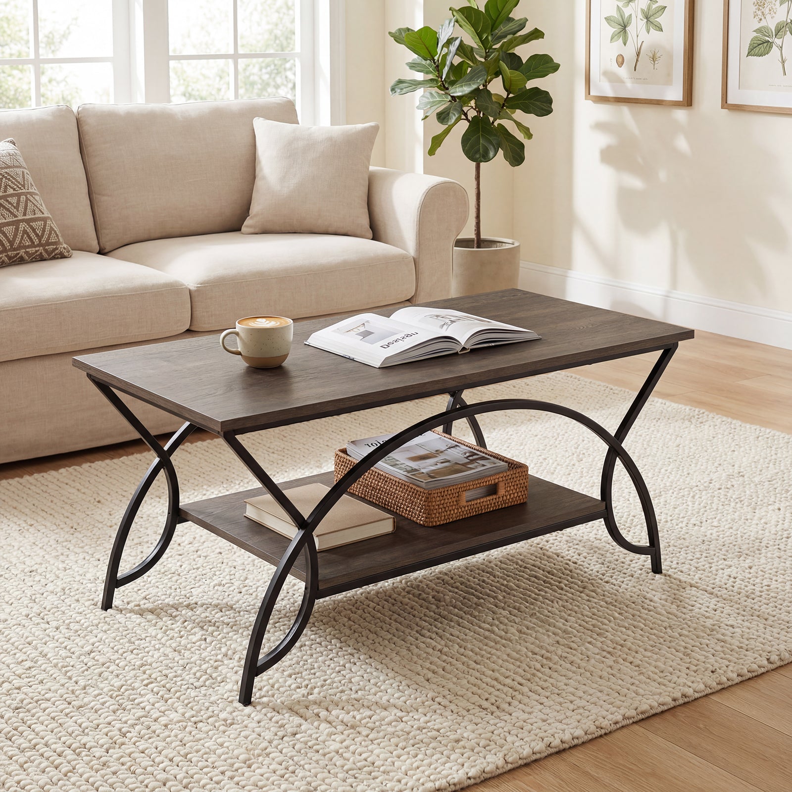 ELLEGNT Industrial Rectangular Coffee Table-2-Tier Cocktail Table with Open Storage Shelf
