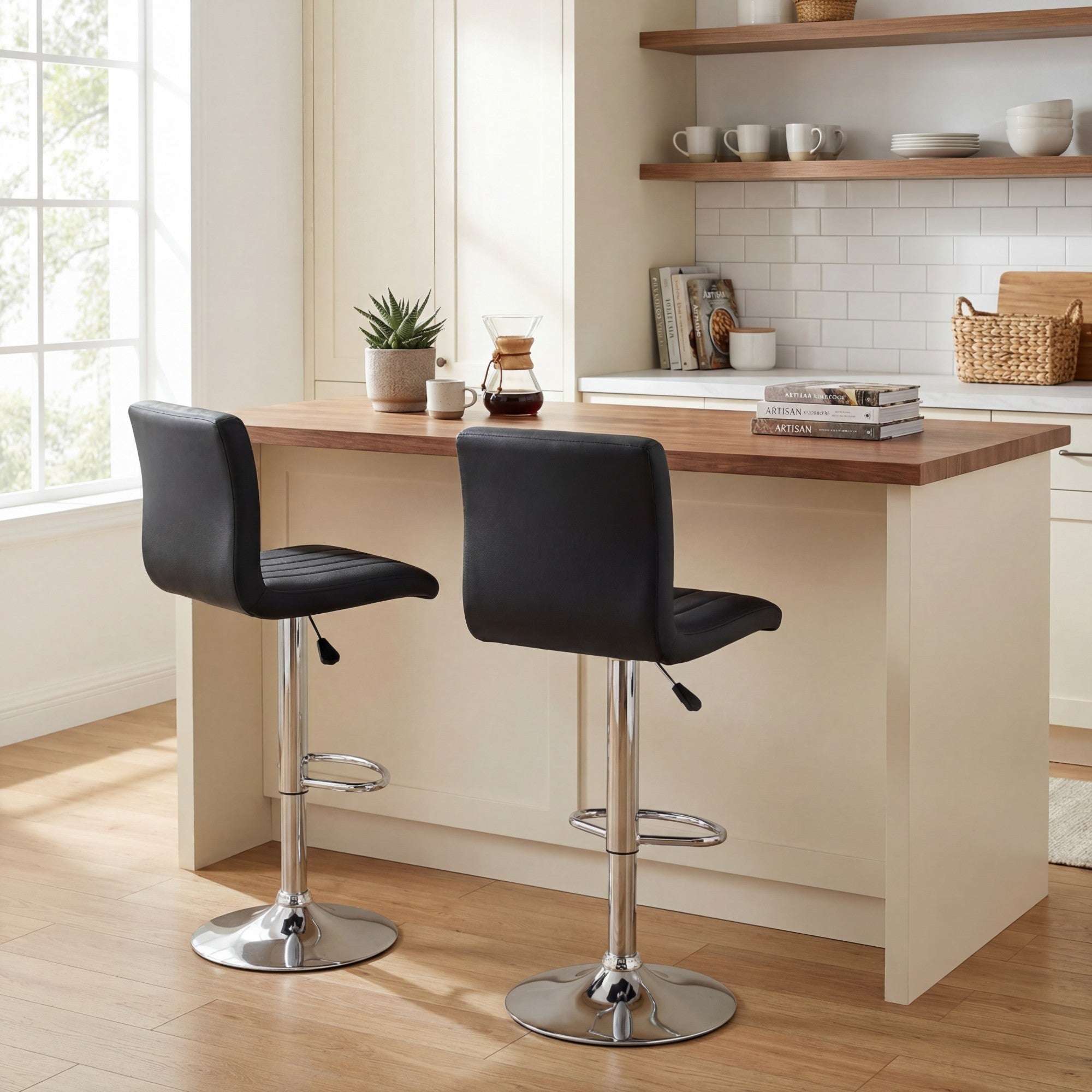 ELLEGNT 2 PCS Modern Bar Chairs-Adjustable Swivel, Upholstered Faux Leather, Back and Footrest, Counter Height for Kitchen and Home Bar, Black