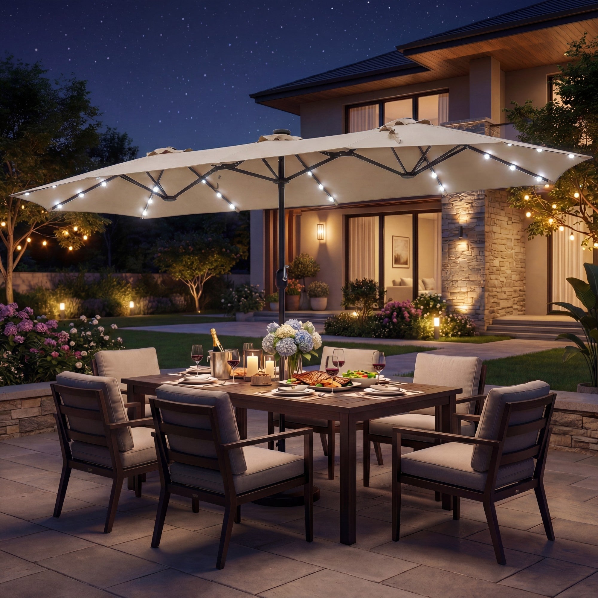 ELLEGNT 13FT Double?Sided Solar Patio Umbrella-Crank Handle and Umbrella Base Included, Beige