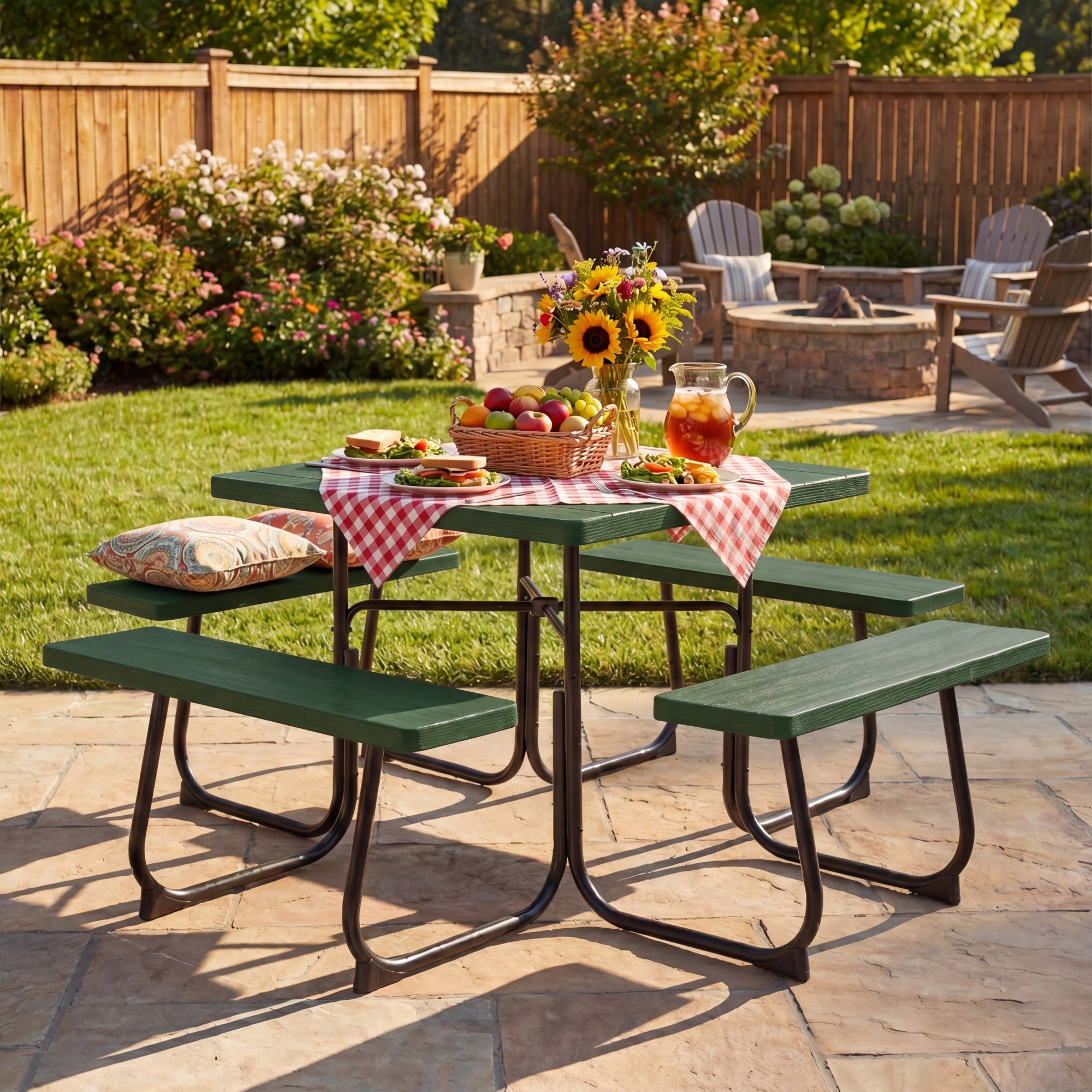 ELLEGNT Square Picnic Table for 8-Outdoor Bench Set with 4 Benches and Umbrella Hole, Green
