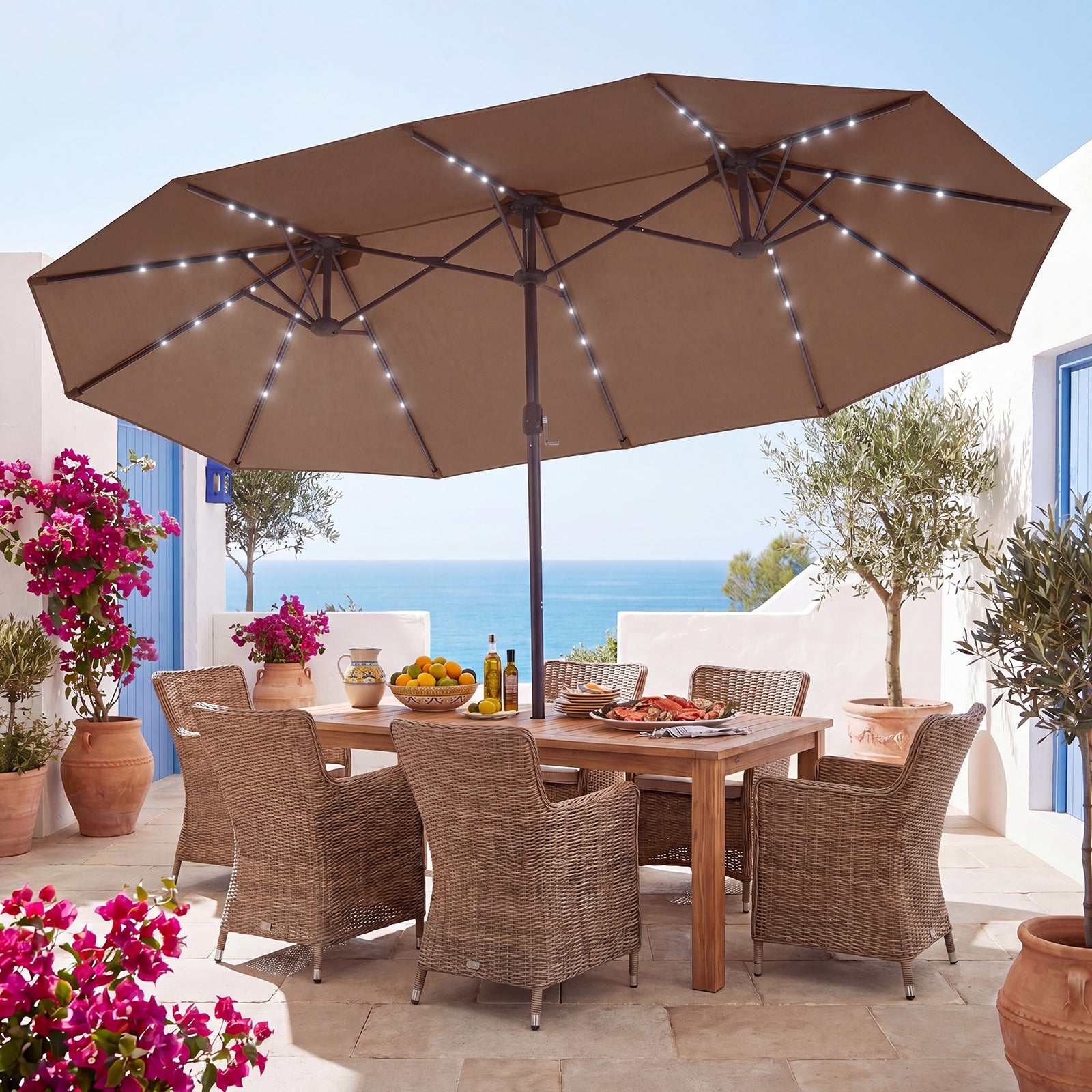 ELLEGNT Solar LED Double?Sided Patio Umbrella-15FT, Crank and Base Included, Tan