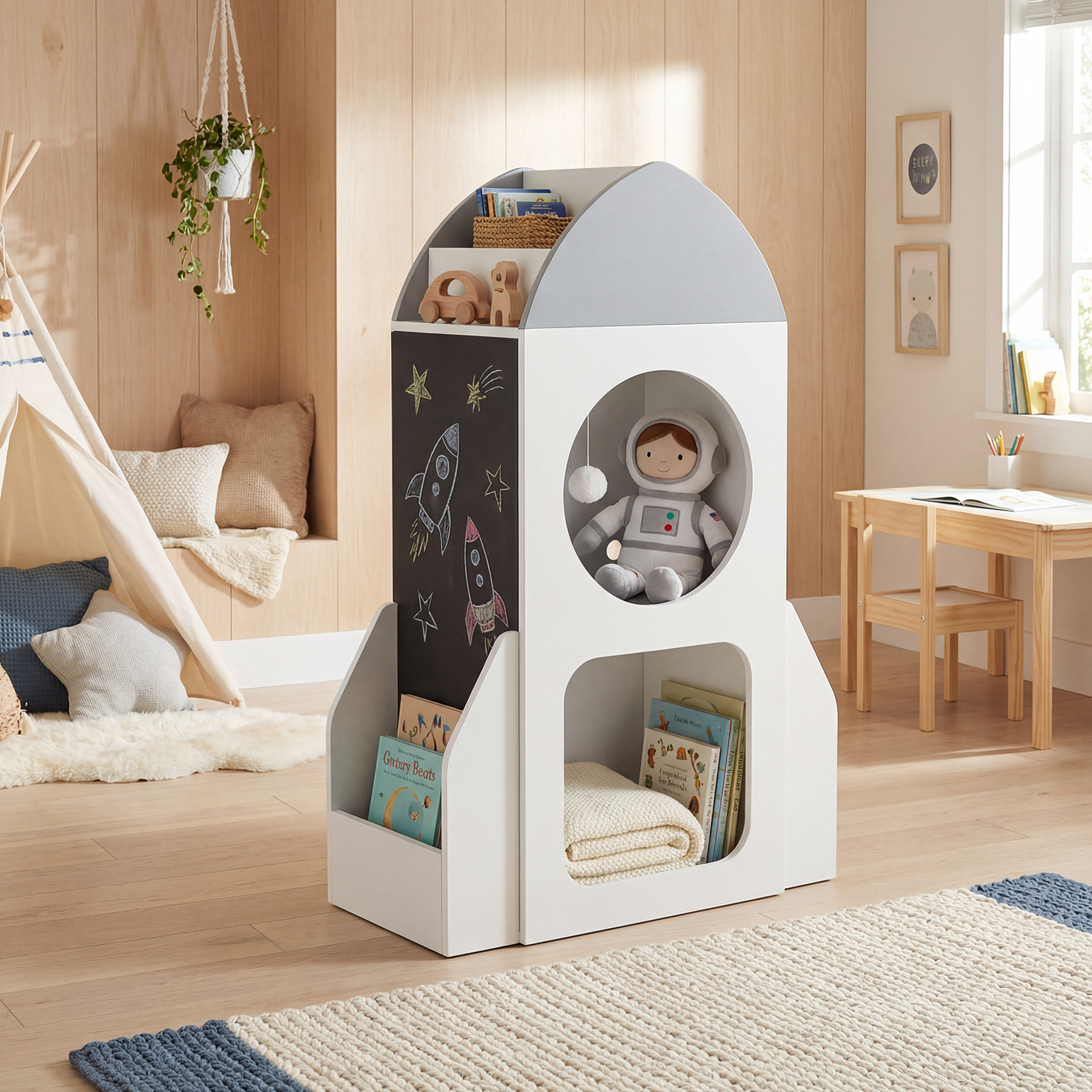 ELLEGNT Toddler Rocket Toy Storage with Chalkboard and 2 Cubbies for Playroom