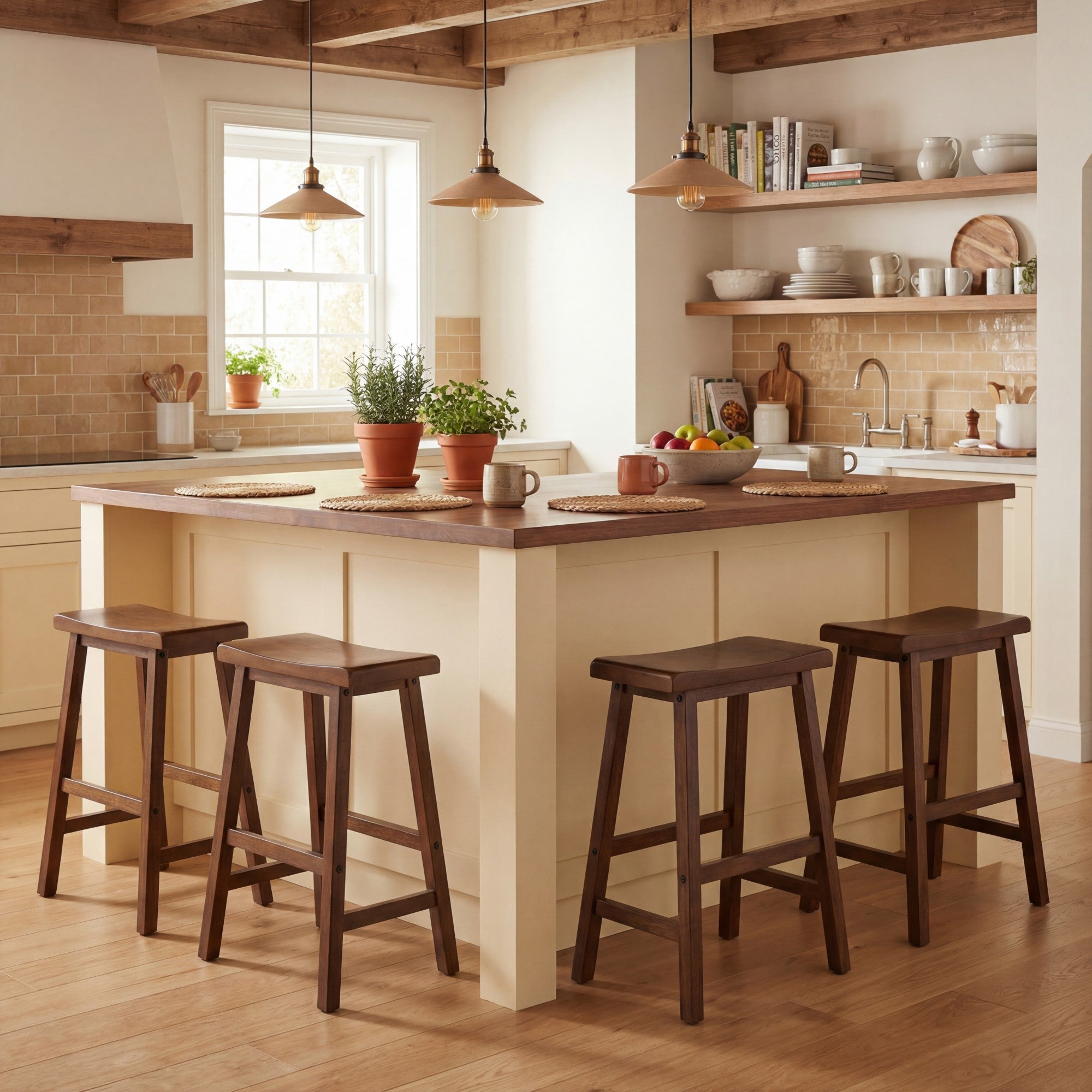 ELLEGNT 4 PCS Solid Wood Saddle Bar Stools-Backless with Footrests, Wooden Counter Stools Brown