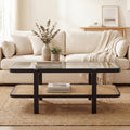 ELLEGNT Rustic Coffee Table with Glass Top and PE Rattan Storage Shelf-2-Tier Farmhouse Table Black