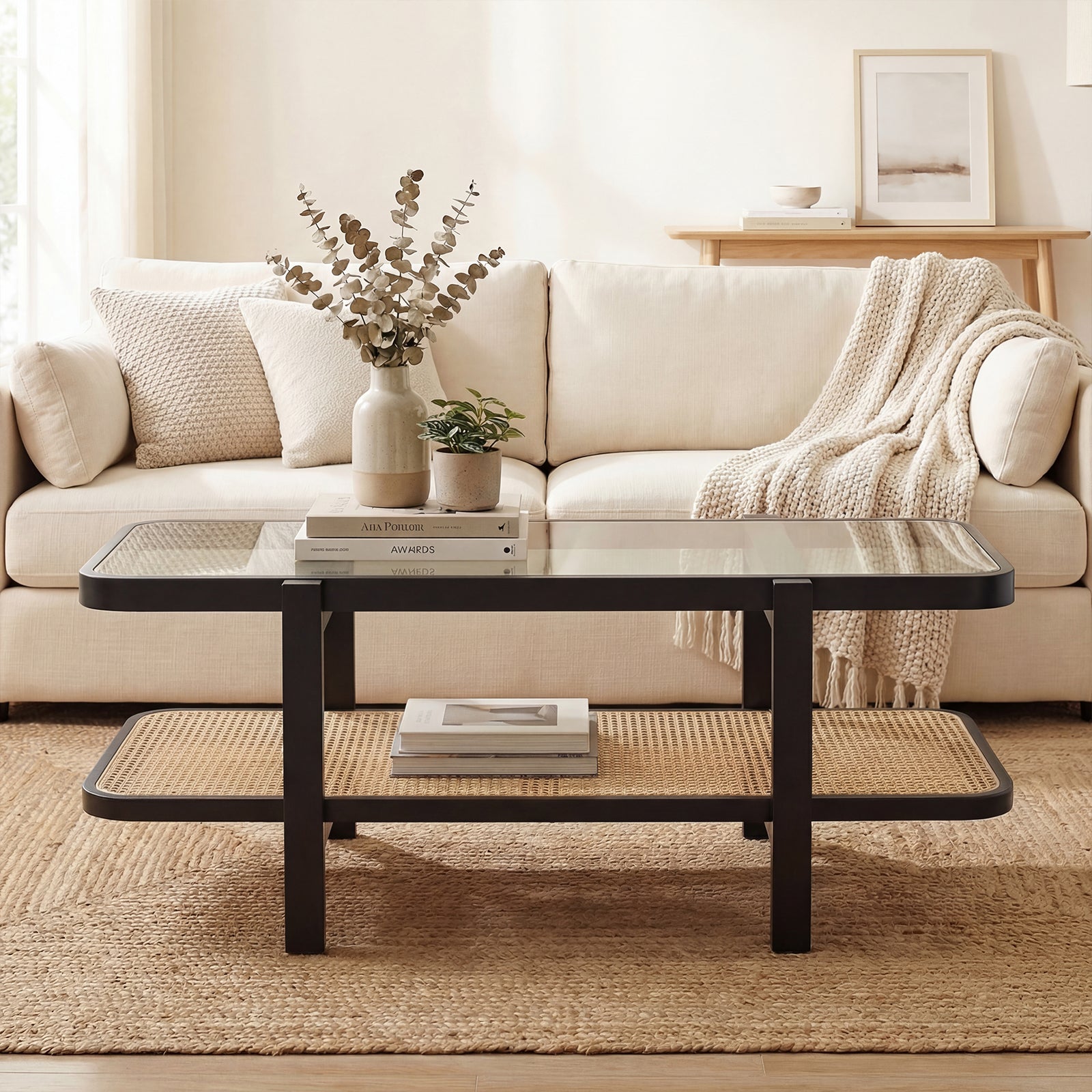ELLEGNT Rustic Coffee Table with Glass Top and PE Rattan Storage Shelf-2-Tier Farmhouse Table Black
