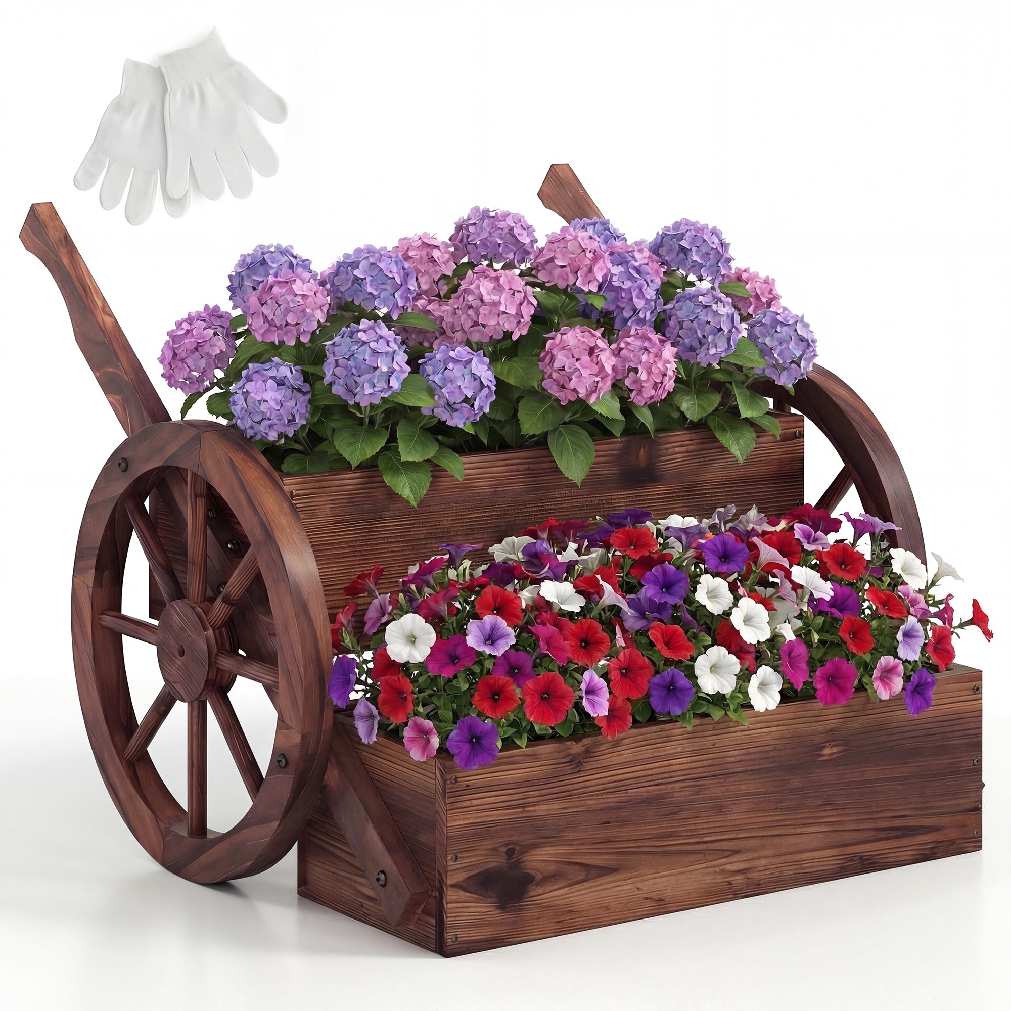 ELLEGNT 1 PCS Rustic Wood Wagon Planter-Mobile Garden Cart with Wheels, Handles, and Drainage for Patio or Balcony