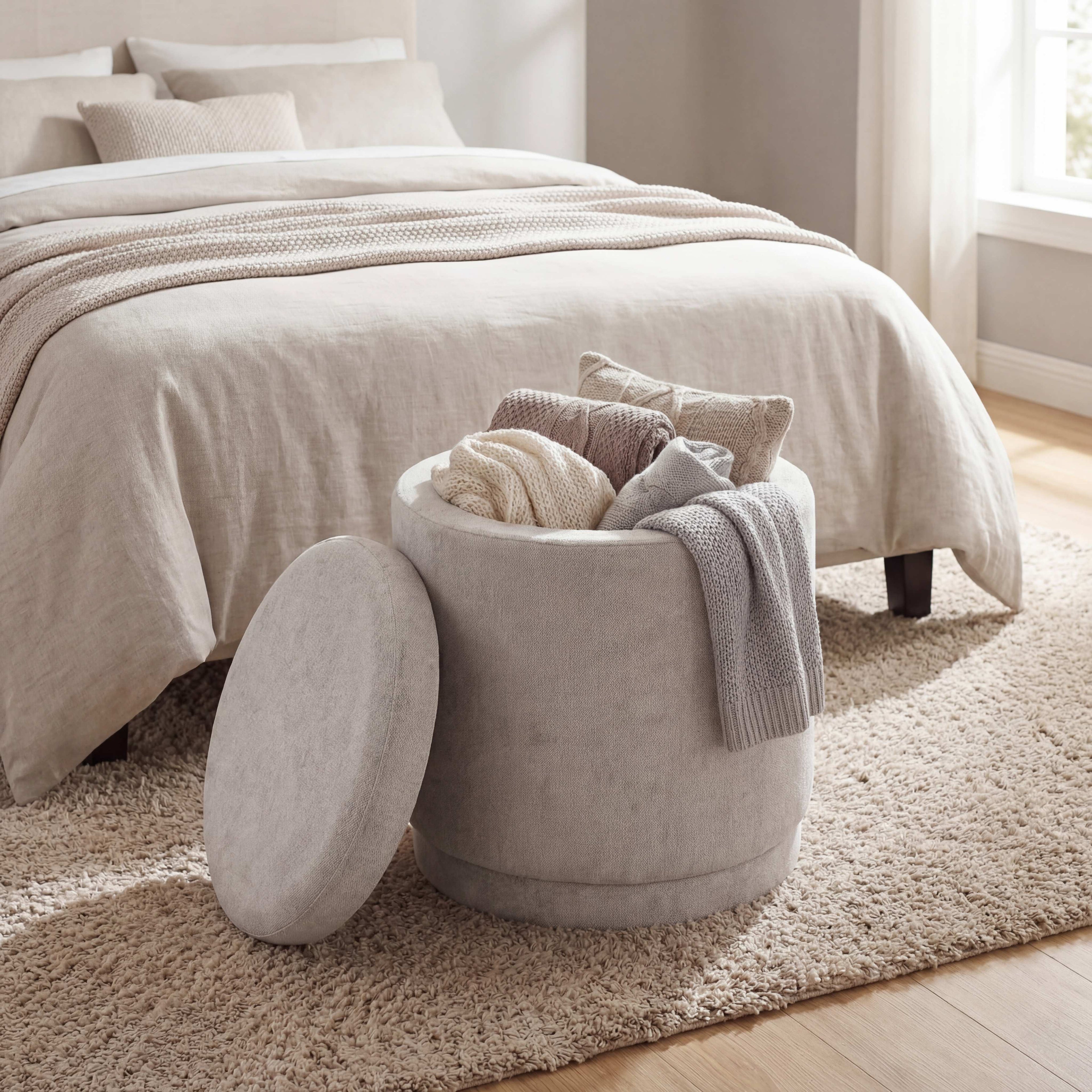 ELLEGNT Round Storage Ottoman-Removable Lid, 400 LBS Foot Rest,Beige