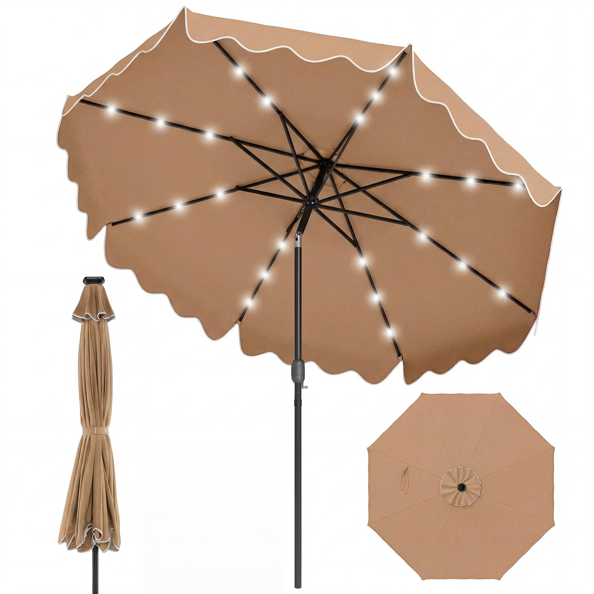 ELLEGNT Solar LED Patio Umbrella-10 FT, 24 Lights, 8 Ribs, Tilt Adjustment, Coffee
