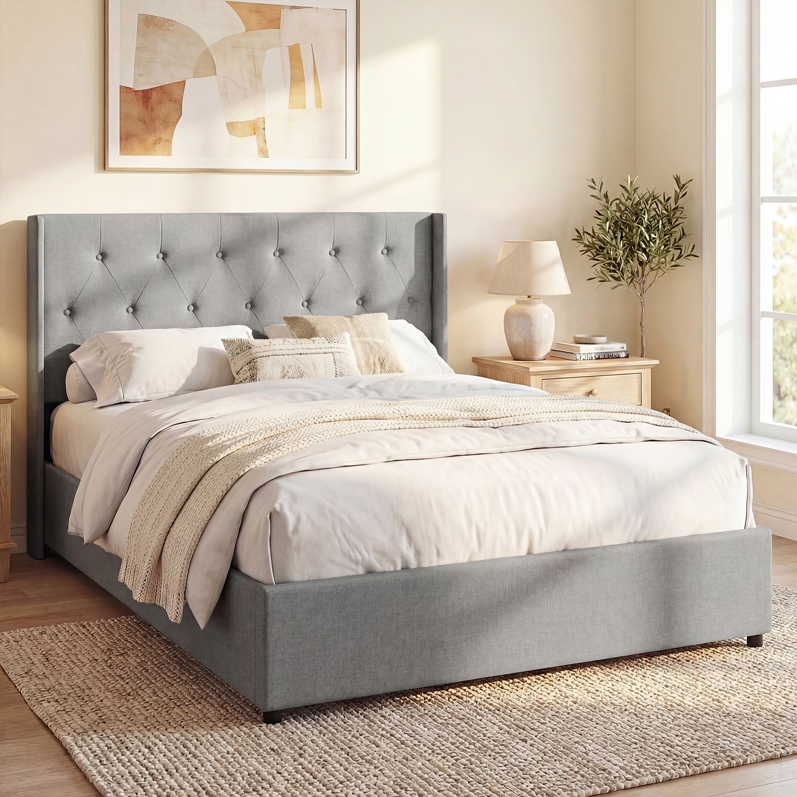 ELLEGNT Queen Size Hydraulic Lift Storage Bed-Tufted Wingback Headboard with Hidden Under-Bed Compartment Gray