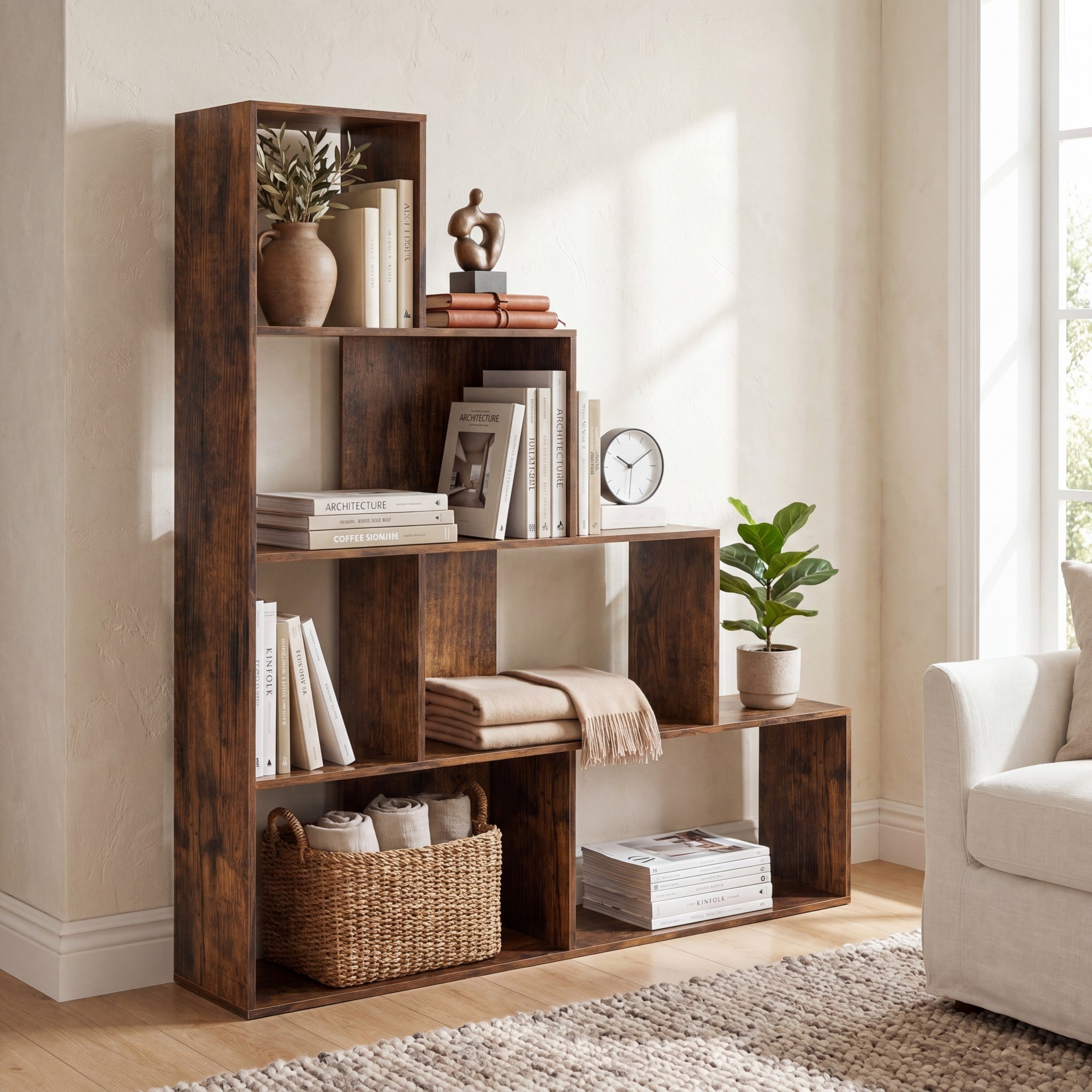 ELLEGNT 1 PCS 4?Tier Stepped Bookshelf-64 in Tall, 6 Cubes, Anti?Tipping Kits, Rustic Brown