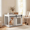 ELLEGNT Sliding Barn Door Dog Crate-Heavy Duty Metal Frame Wooden Kennel, 31.5 in Decorative End Table for Small and Medium Dogs, White