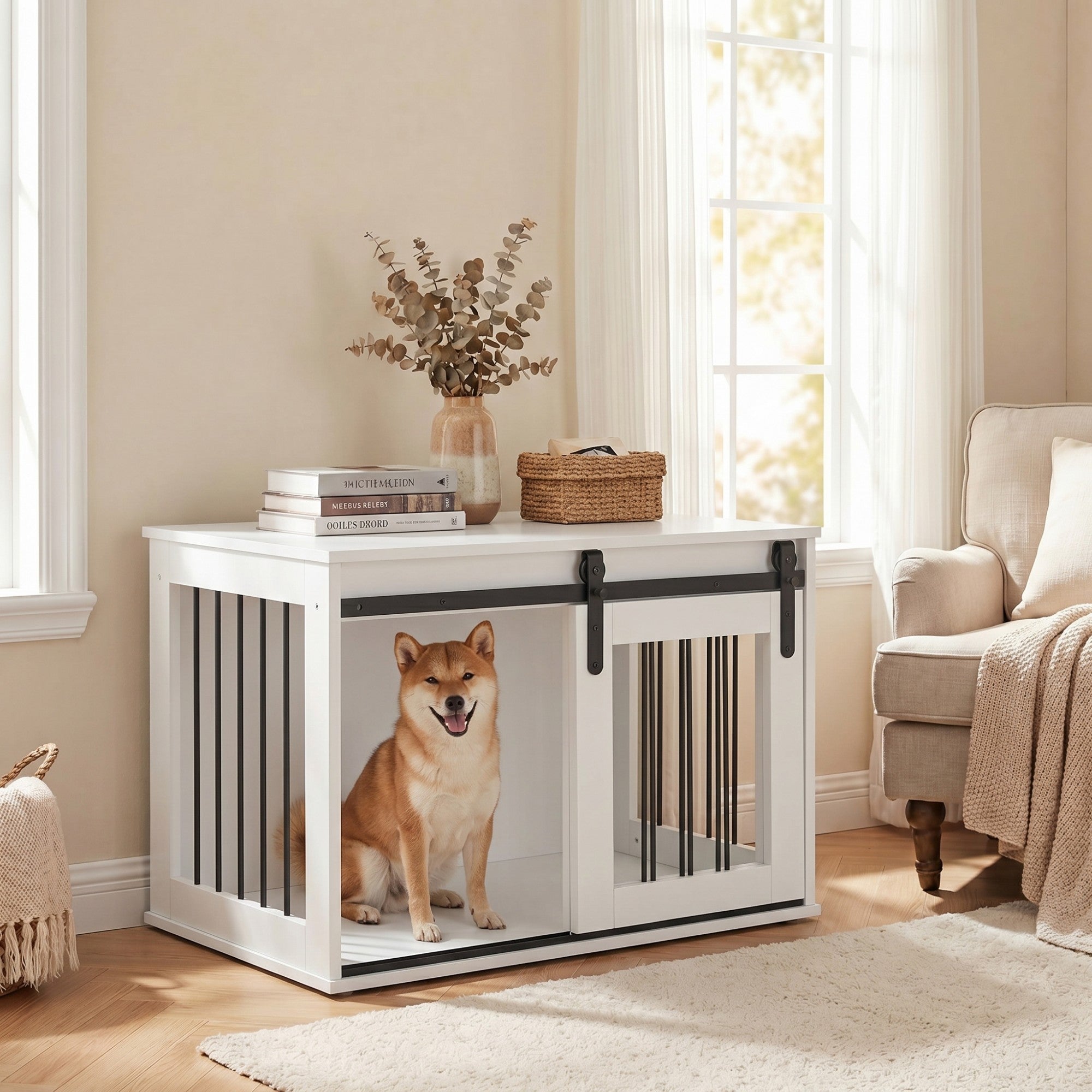ELLEGNT Sliding Barn Door Dog Crate-Heavy Duty Metal Frame Wooden Kennel, 31.5 in Decorative End Table for Small and Medium Dogs, White