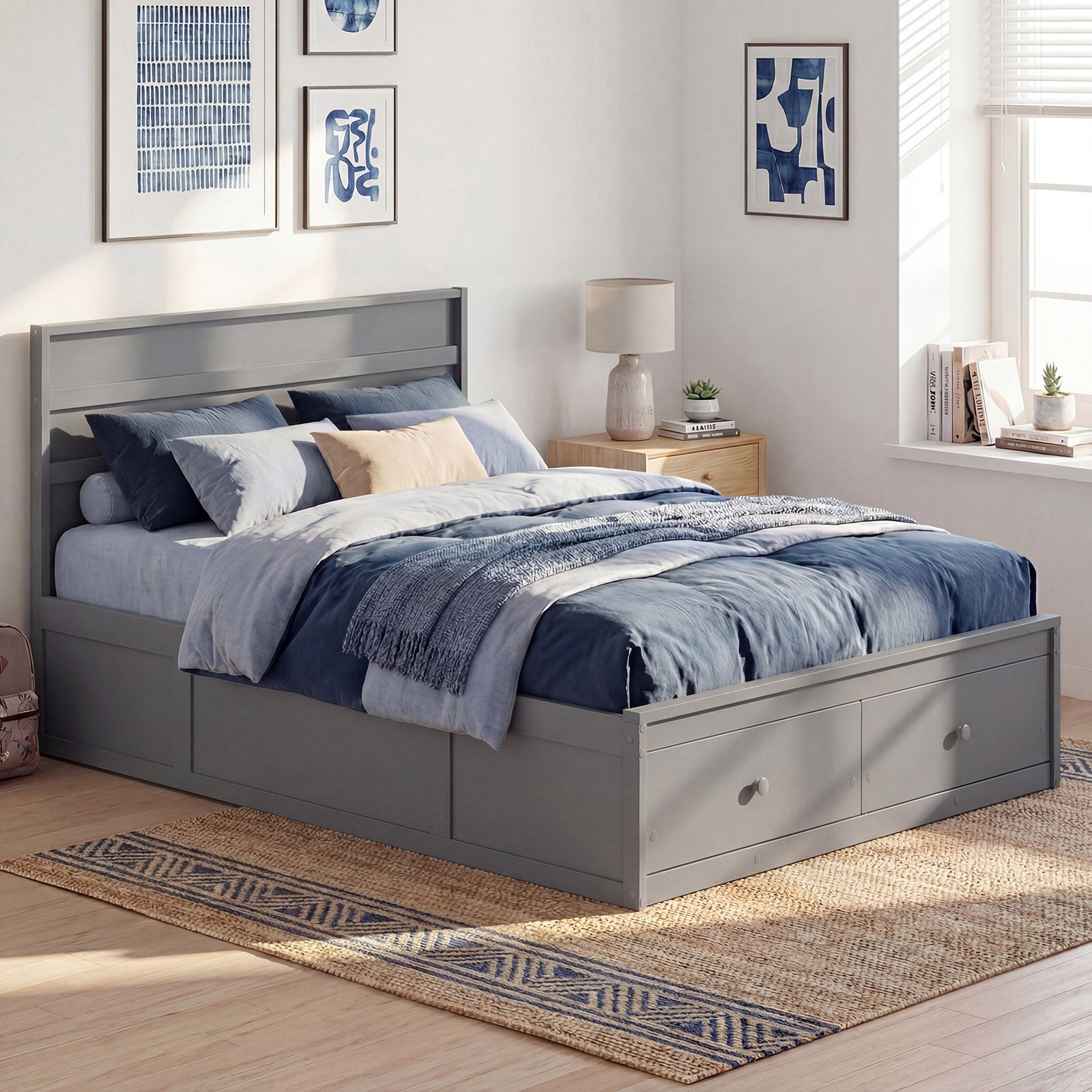 ELLEGNT Bed Frame Full Size, Wooden Slat Support, Headboard and Storage Drawers,  Gray