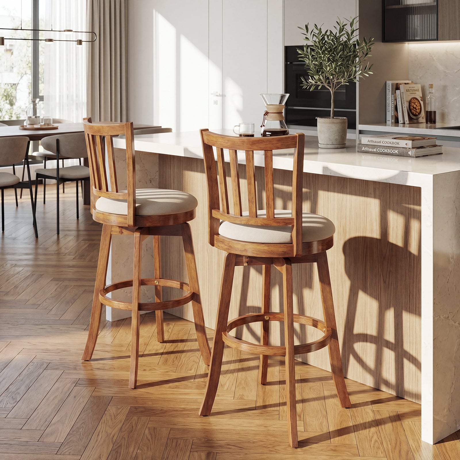 ELLEGNT 2 PCS 30.5 in Upholstered Swivel Barstools with Backrest and Footrest for Counter Height