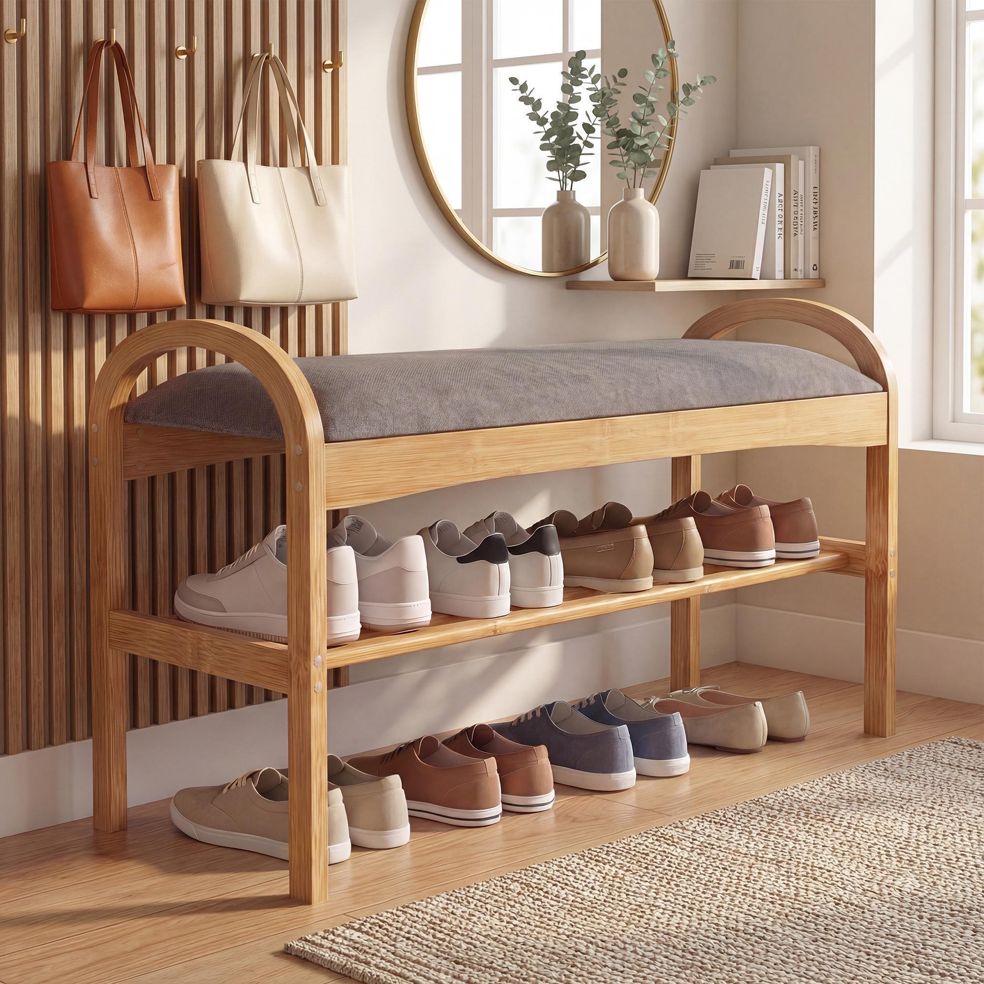 ELLEGNT Bamboo Shoe Bench with Padded Seat-2-Tier Entryway Shoe Rack for Hallway, Mudroom, or Small Space Natural + Gray