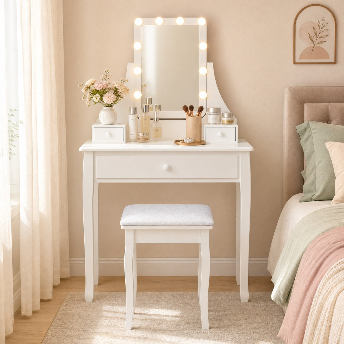 ELLEGNT White Vanity Table Set with Lighted Mirror, 3 Drawers, 3 Light Colors, Padded Stool