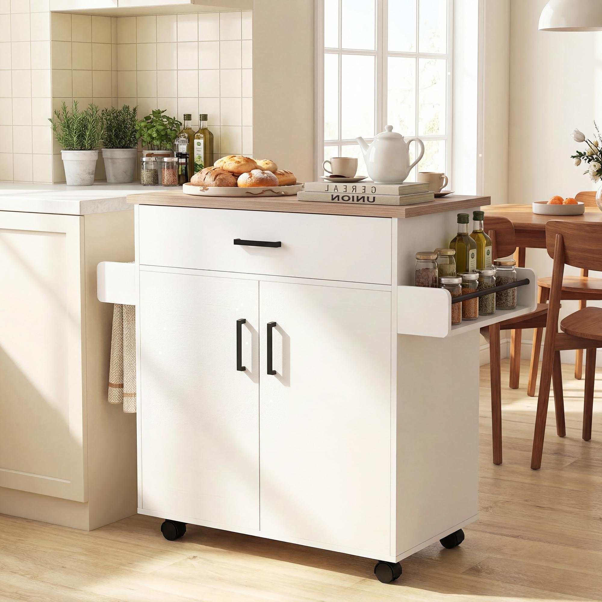 ELLEGNT Kitchen Island Cart with Lockable Wheels-Storage Cart with Drawer, 2 Doors, Spice Rack, and Towel Bar White