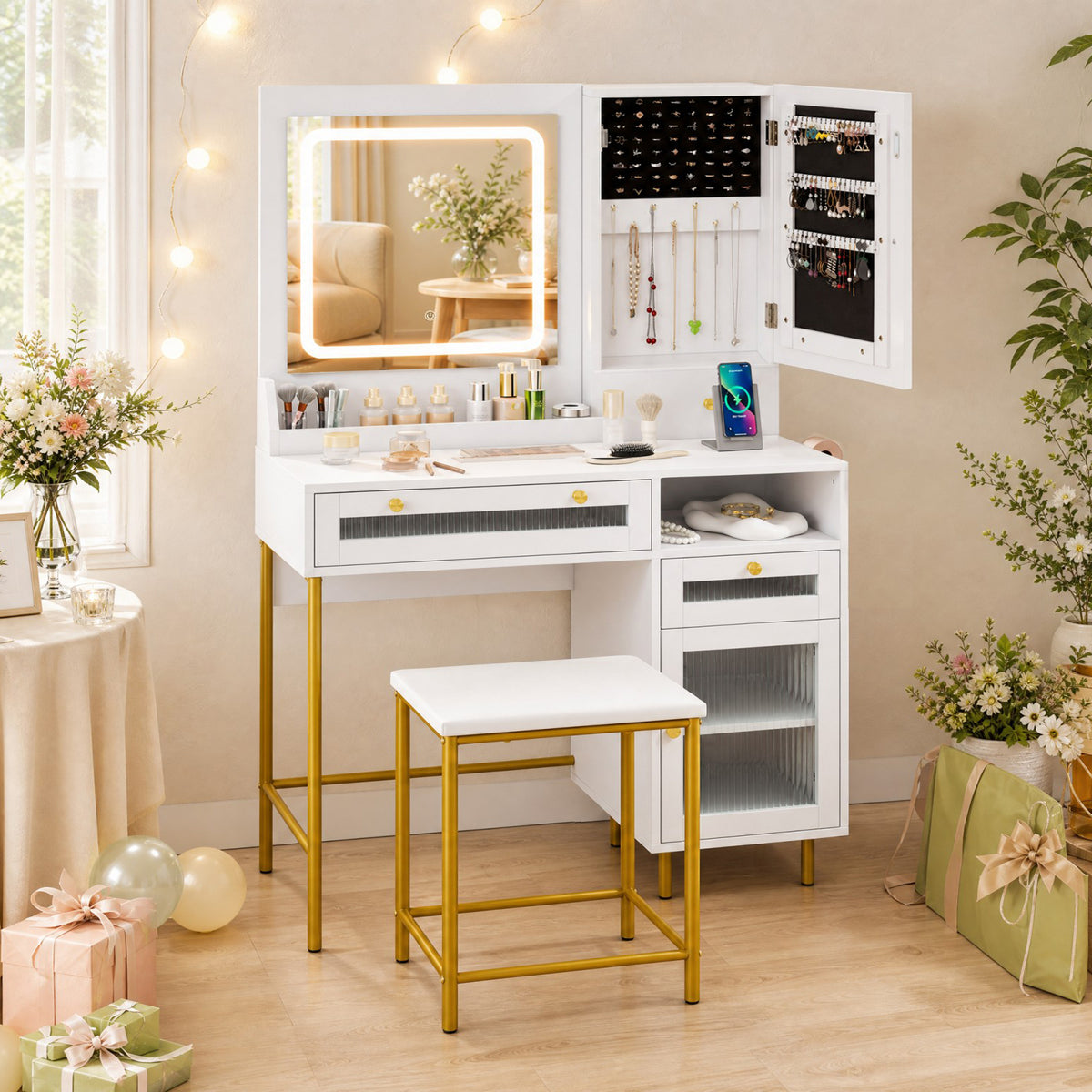 ELLEGNT White Vanity Table Set with 3-Color LED Mirror, Stool, Charging Station, Jewelry Storage