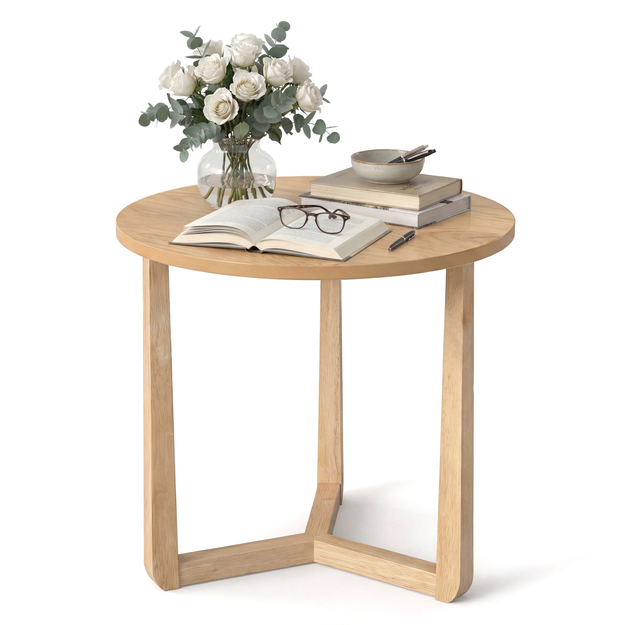 ELLEGNT 1 PCS Rubber Wood Round Side Table-Triangular Support End Table for Bedroom, Living Room, or Small Space Natural