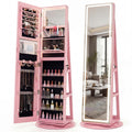 ELLEGNT 360¡ã Swivel Jewelry Armoire-LED Lighted Full-Length Mirror Cabinet with Makeup Mirror, Pink