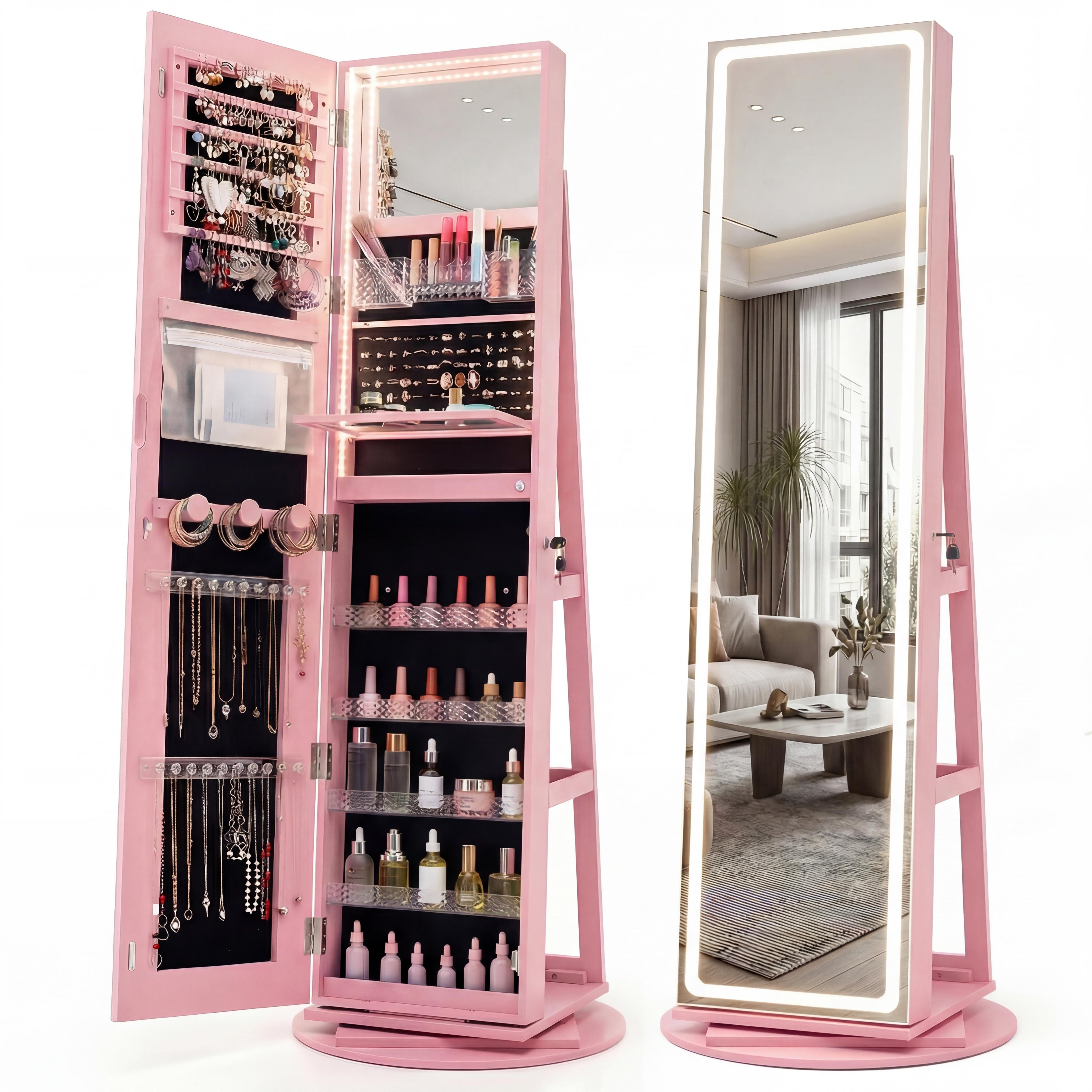 ELLEGNT 360¡ã Swivel Jewelry Armoire-LED Lighted Full-Length Mirror Cabinet with Makeup Mirror, Pink