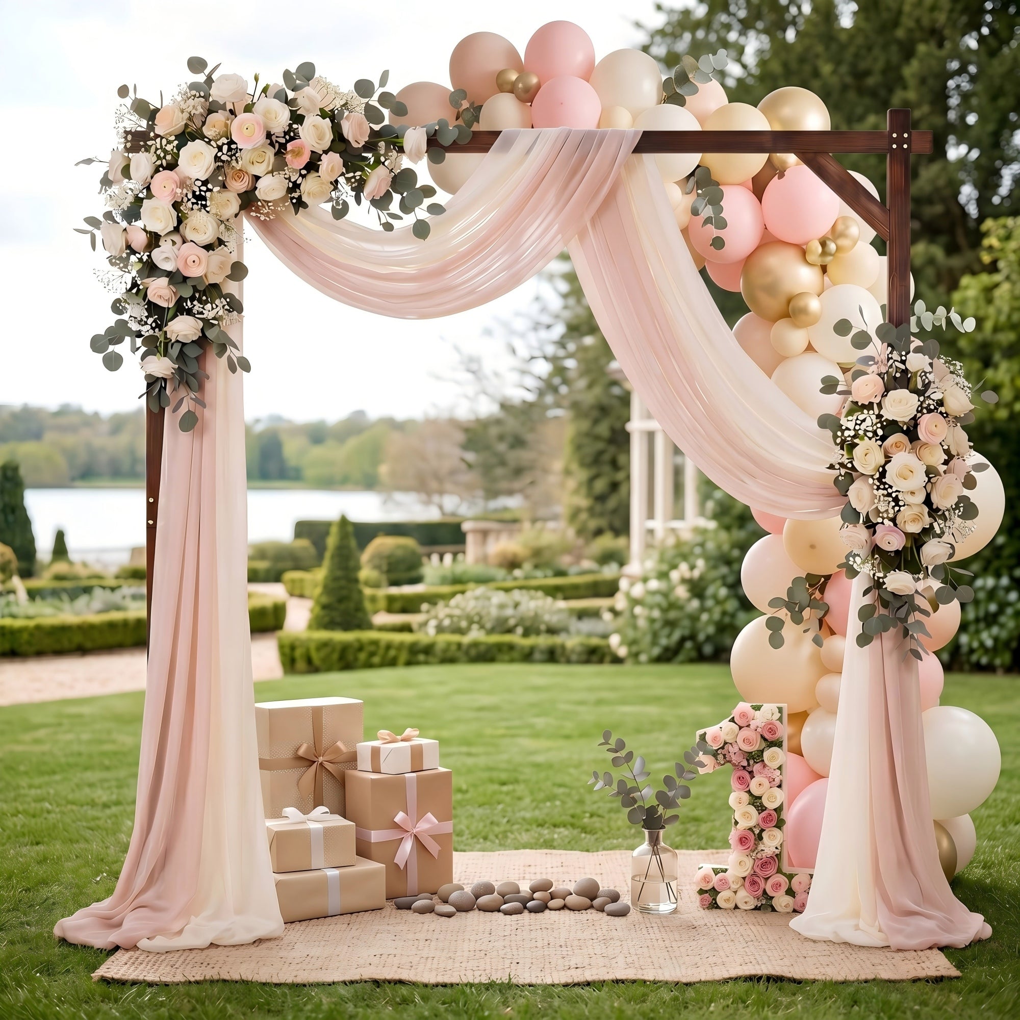 ELLEGNT Triangular?Base Wooden Arbor-7.2 FT Square Wedding Arch Backdrop Stand for Outdoor Events