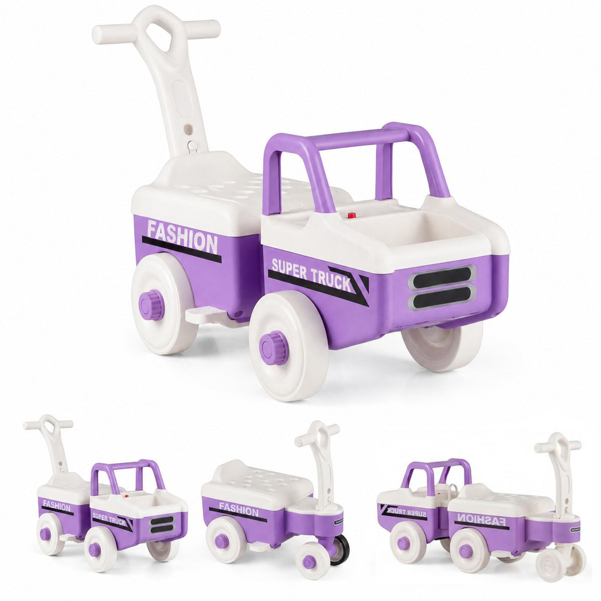 ELLEGNT Kids 4-in-1 Ride-On Push Car with Trailer, Toddler Foot-to-Floor Sliding Toy, Music, Under-Seat Storage, Steering Wheel, Sit and Scoot for Boys and Girls, Purple