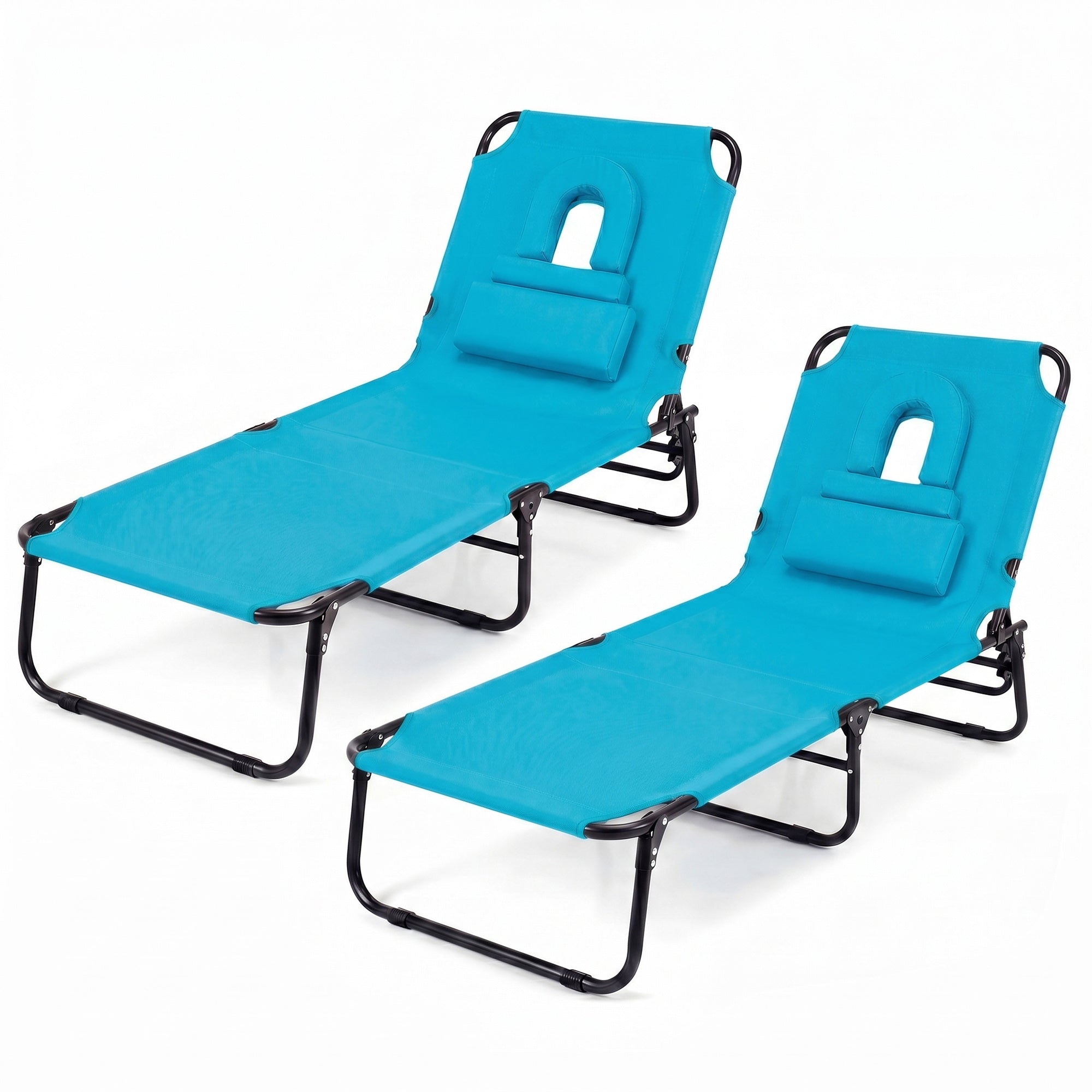ELLEGNT 2 PCS Beach Lounger with 4?Position Reclining Backrest, Removable Pillows and Face Hole-Folding Design, Turquoise