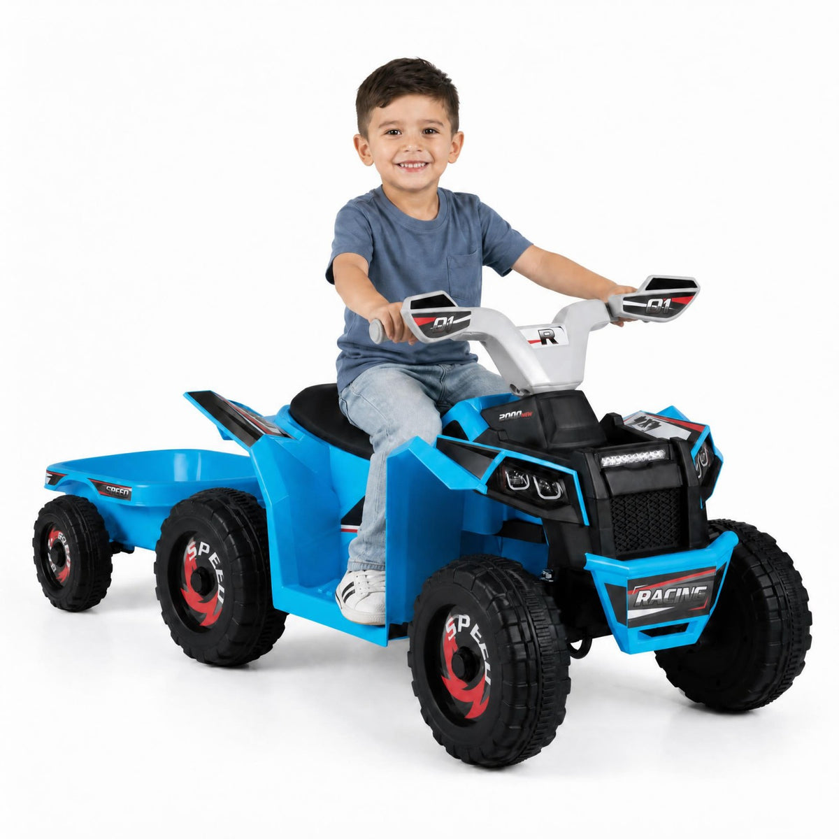 ELLEGNT 6V Kids Electric ATV Quad with Detachable Trailer and Wear-Resistant Wheels for Ages 3+, Navy