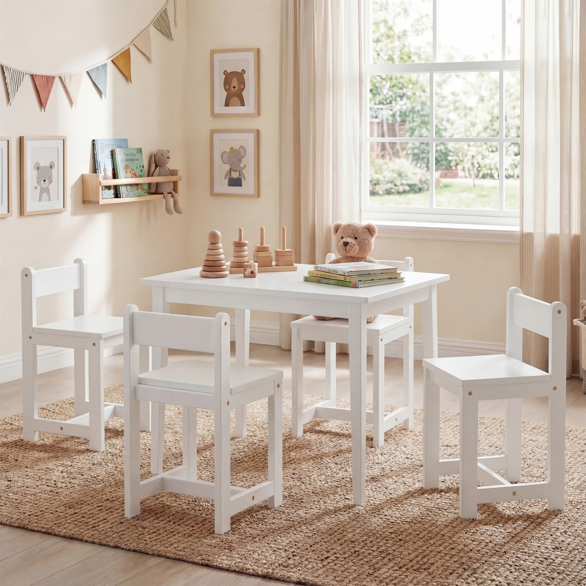ELLEGNT Solid Wood Kids Table and Chairs Set-5-Piece Toddler Activity Table with 4 Chairs White