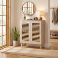 ELLEGNT 5-Tier Shoe Storage Cabinet with 2 Louvered Doors and 3 Adjustable Shelves-Narrow Entryway Organizer Natural