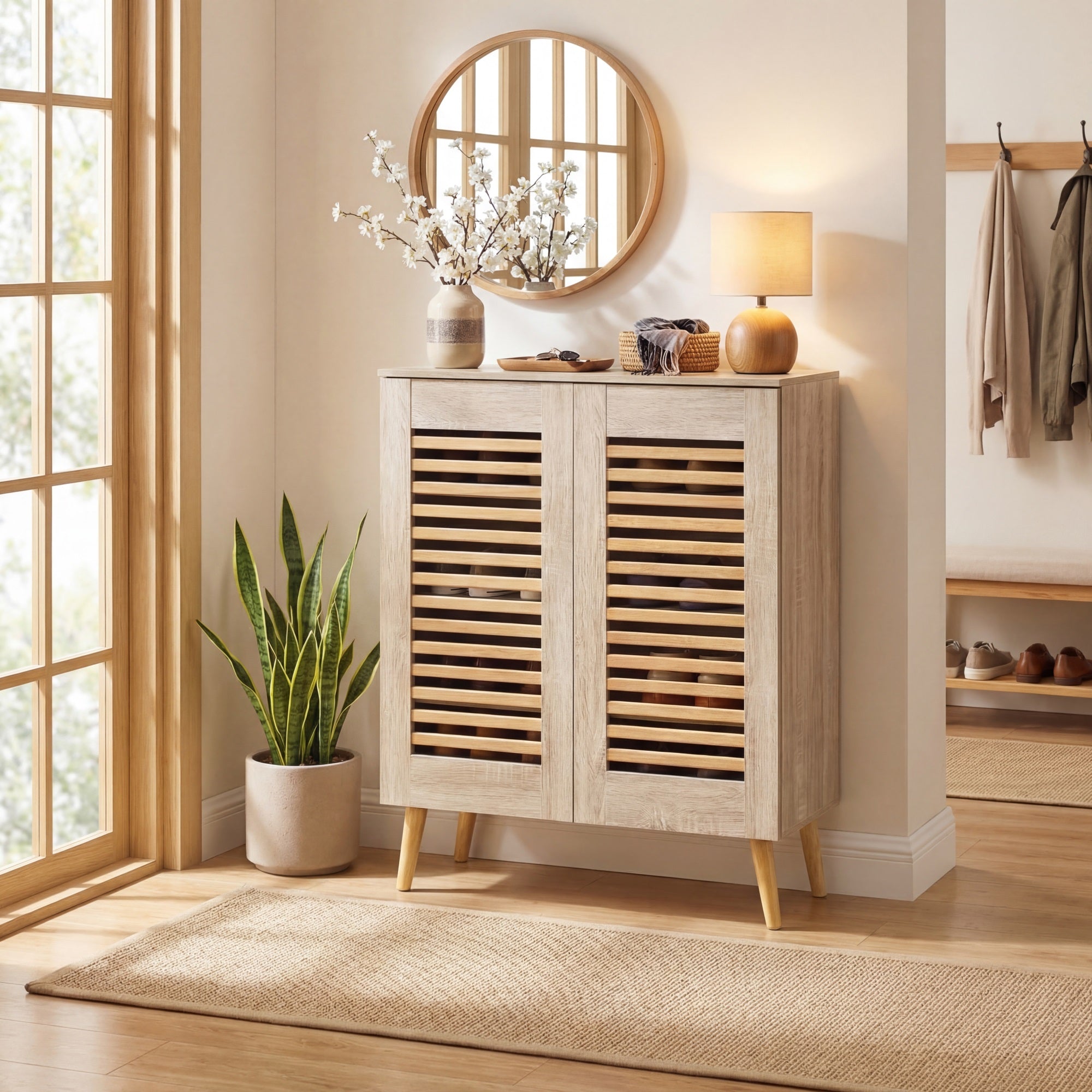 ELLEGNT 5-Tier Shoe Storage Cabinet with 2 Louvered Doors and 3 Adjustable Shelves-Narrow Entryway Organizer Natural