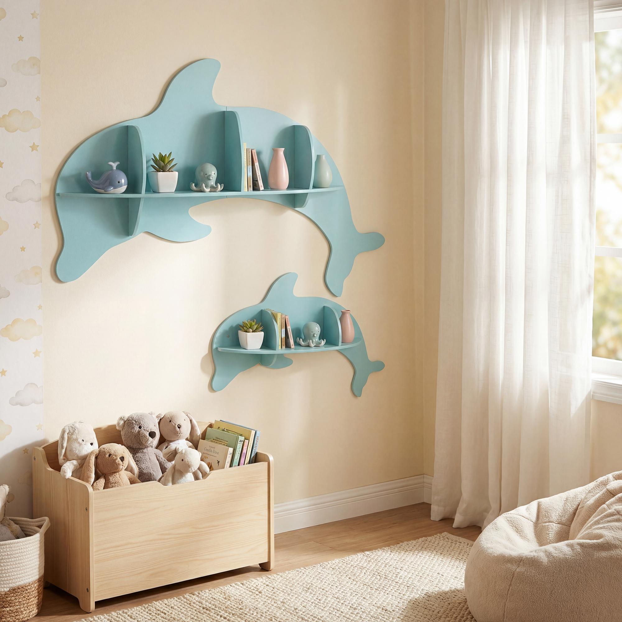 ELLEGNT 2 PCS Dolphin Floating Shelves-Cute Corner Bookshelves with Compartments for Nursery Blue