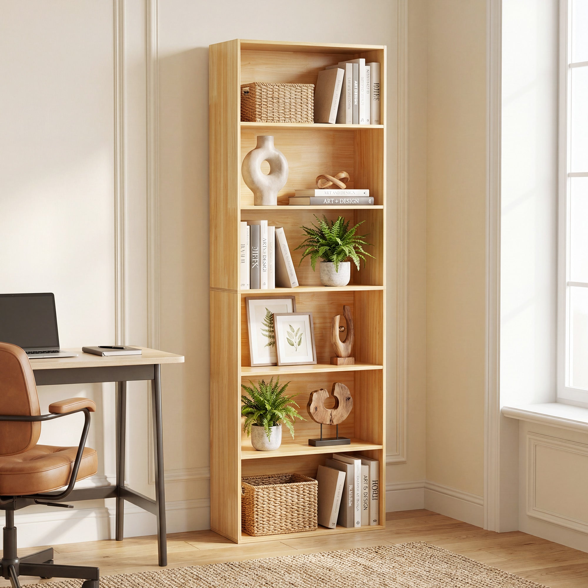 ELLEGNT 1 PCS 6-Tier Open Shelves Bookshelf with Anti-Tipping Kits- Storage Rack for Living Room, Bedroom, Study, Beige