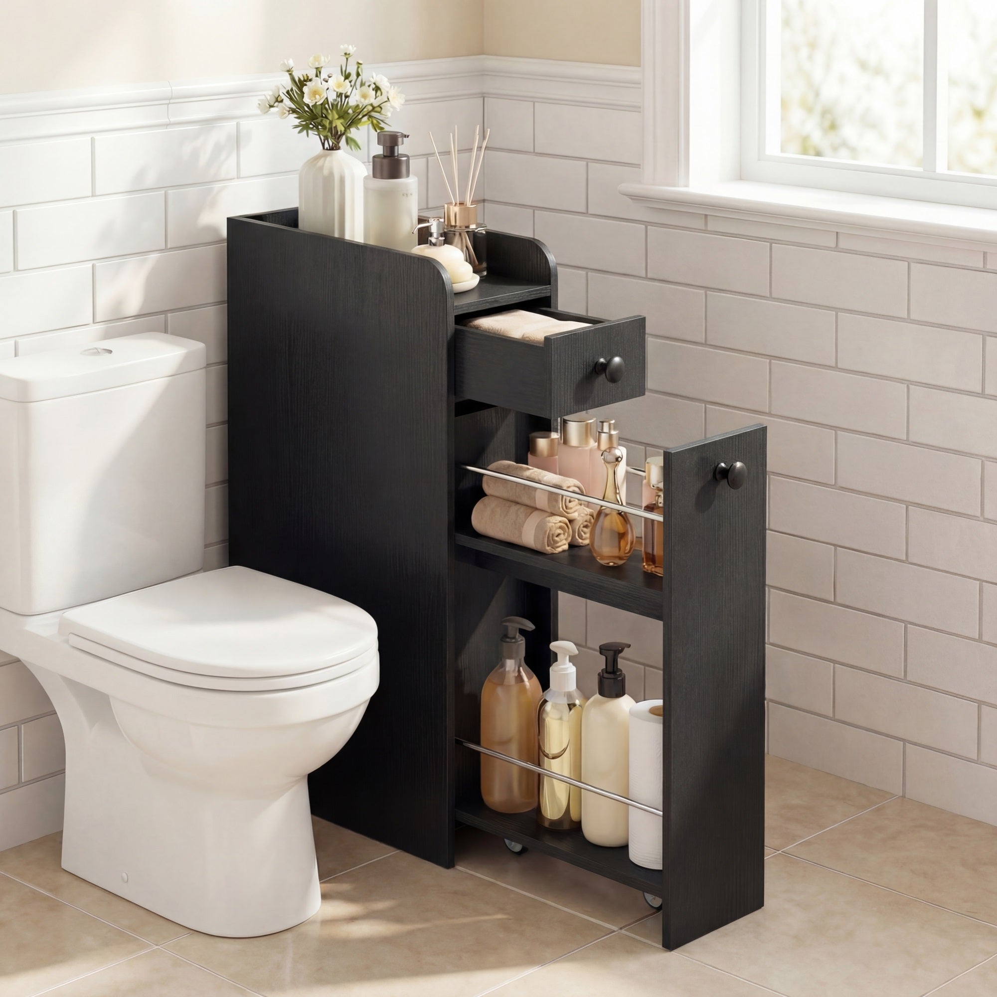 ELLEGNT Bathroom Storage Cabinet on Rolling Wheels - Slim Design, Slide-Out Drawer, Spacious Top, Black