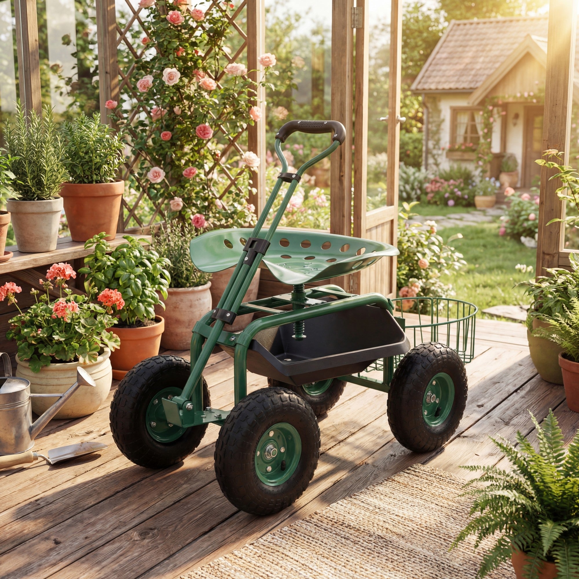 ELLEGNT 1 PCS Extendable Handle Garden Cart-Rolling Work Seat with Tray and Basket, Green